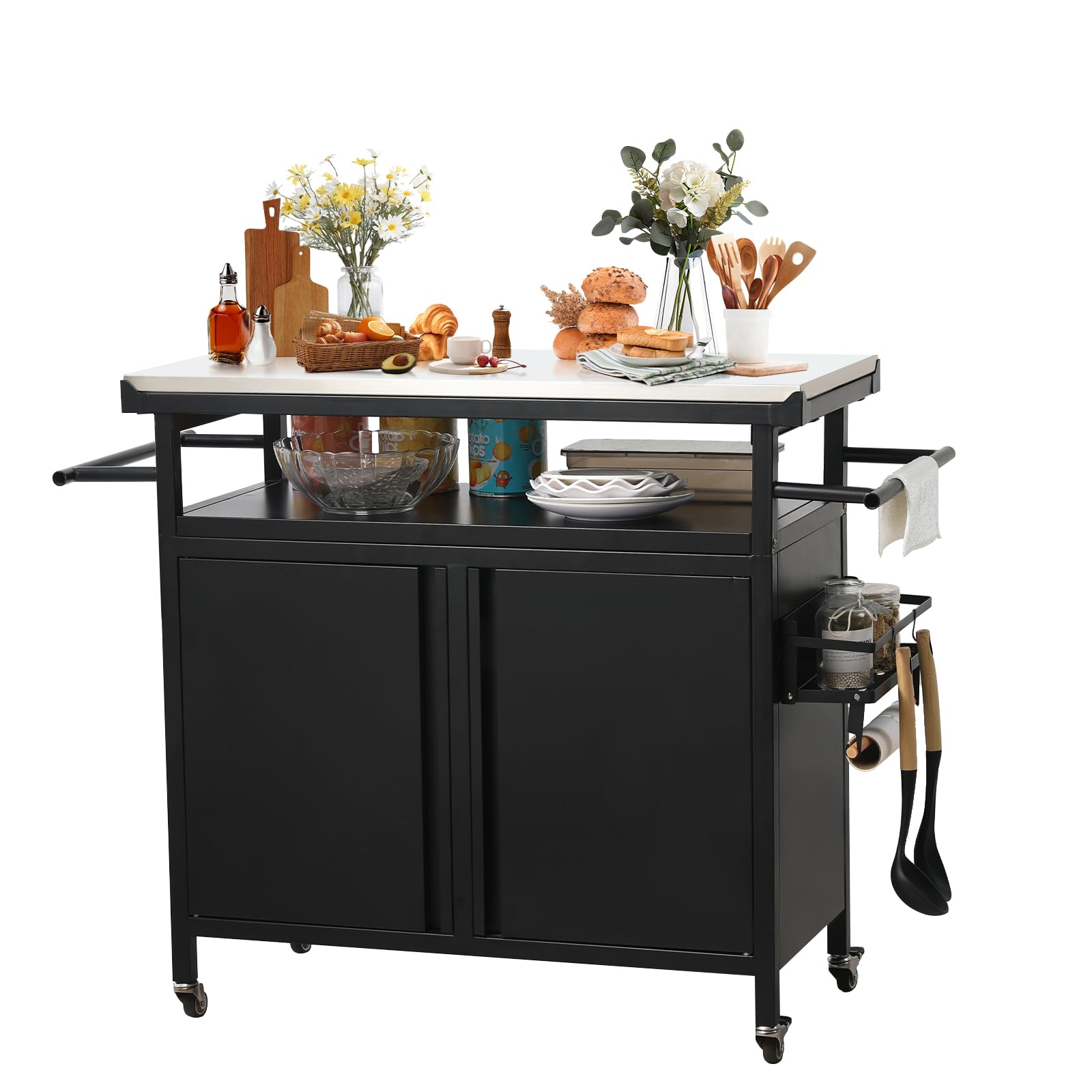 XL Rolling Bar Grill Cart - Outdoor Patio Furniture with Stainless Steel Top | Kitchen Prep & Grilling Accessories Storage Cabinet | Perfect for Backyard BBQs, Tailgating & Outdoor Entertaining - Black