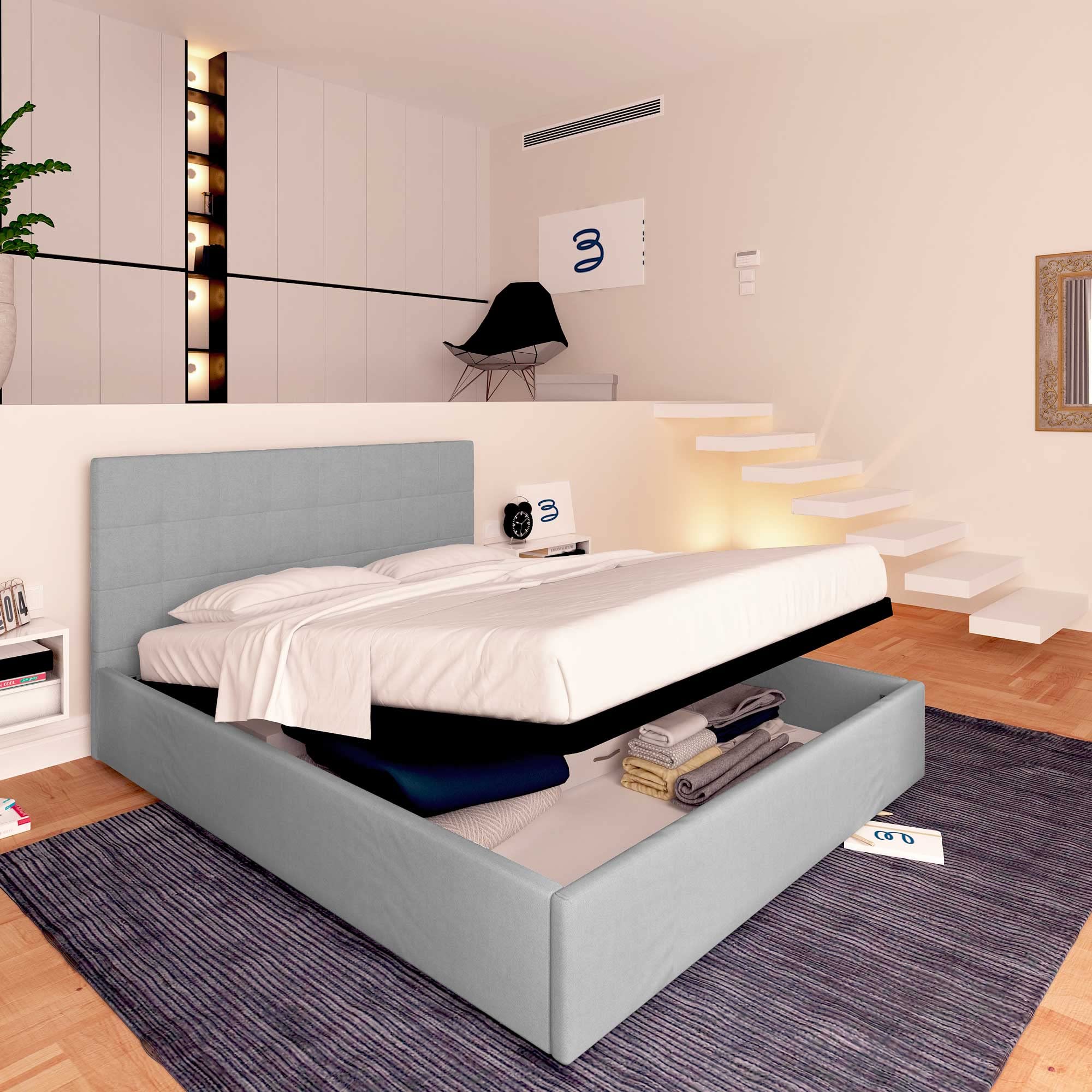 Baldiflex Single Bed with Storage, Synthetic Leather Dublin Model, Slatted Base for Single Mattress, 140 x 190 cm, Elegant Headboard, Light Gray - Perfect for Small Bedrooms, Guest Rooms & Studio Apartments