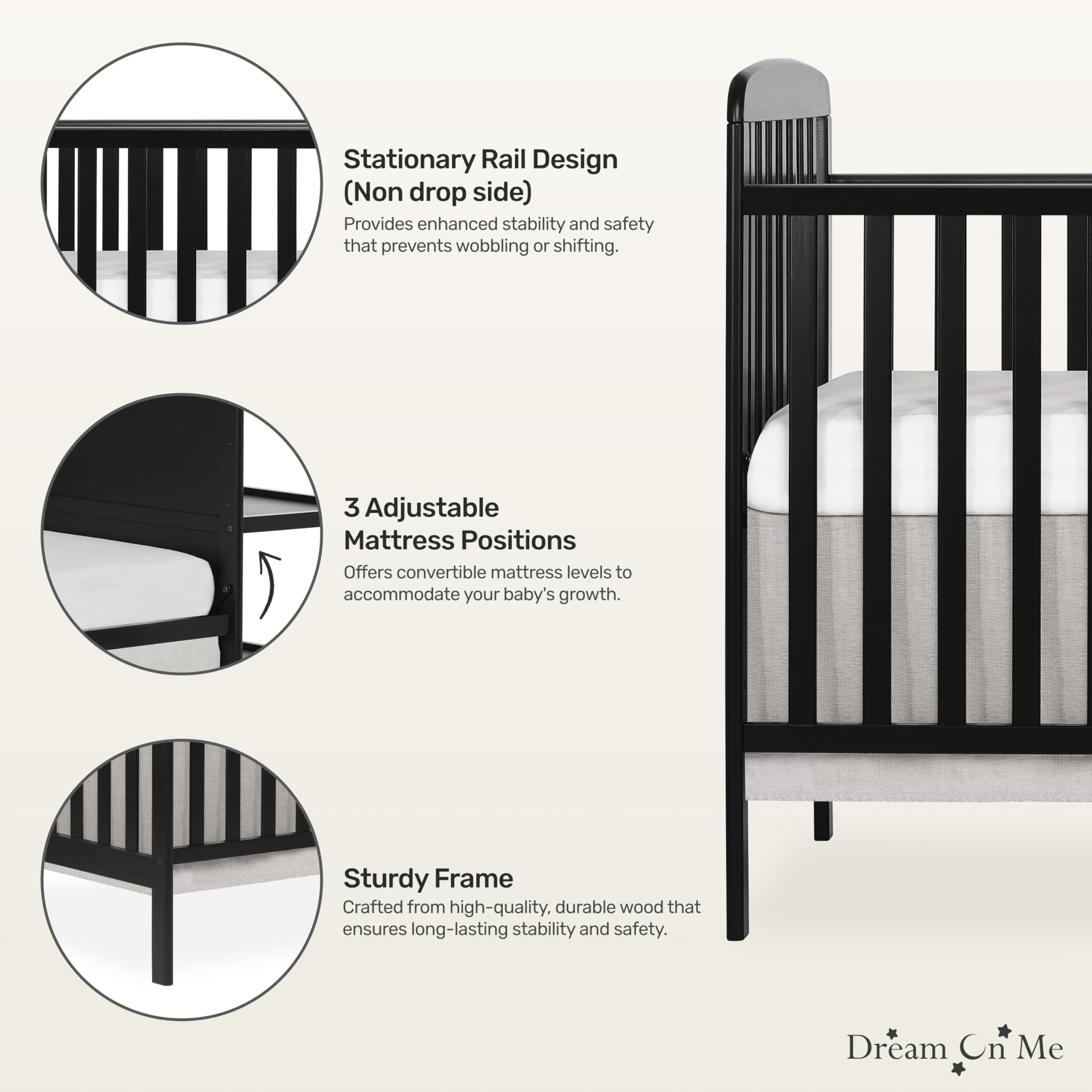 Dream On Me Anna 3-in-1 Convertible Crib with Changing Table - GREENGUARD Gold Certified, Non-Toxic Black Wooden Nursery Furniture with 1