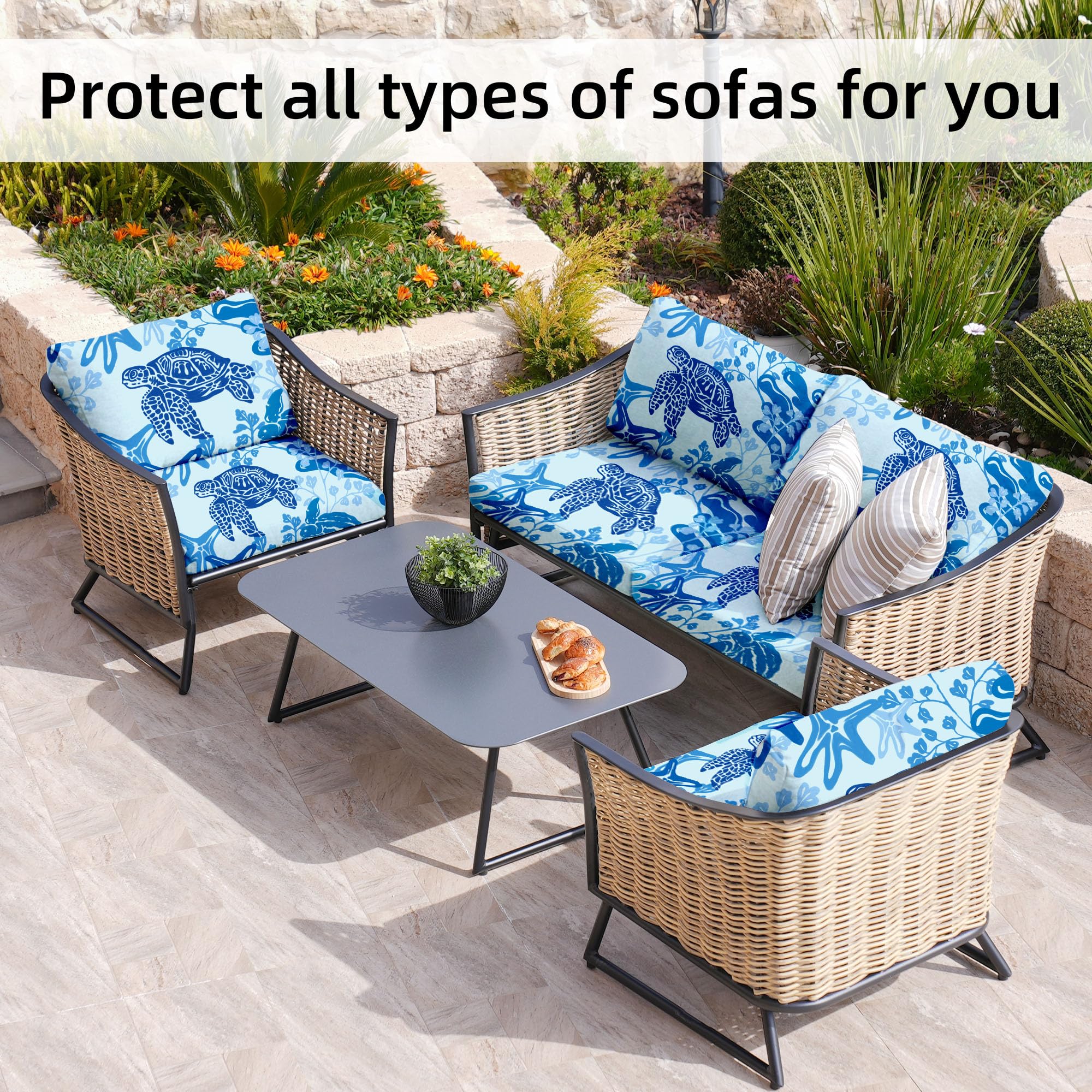 8Pcs Stretch Patio Cushion Covers - Waterproof Outdoor Furniture Slipcovers for Sofa, Chair & Couch Replacement - Washable & Durable Patio Seat Covers (Sea Turtle Pattern) - Perfect for Backyard, Deck, Poolside & Garden Furniture Protection