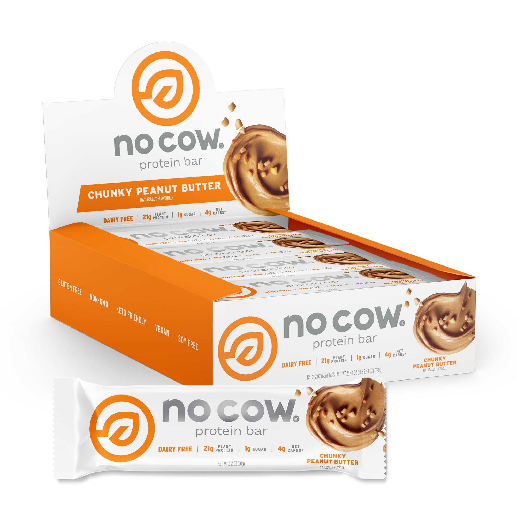 No Cow High Protein Bars, Chunky Peanut Butter - 20g Vegan Protein, Low Sugar, Keto, Dairy & Gluten Free, High Fiber Healthy Snacks (12 Count) | Perfect for Workout Recovery, On-the-Go Nutrition & Weight Management