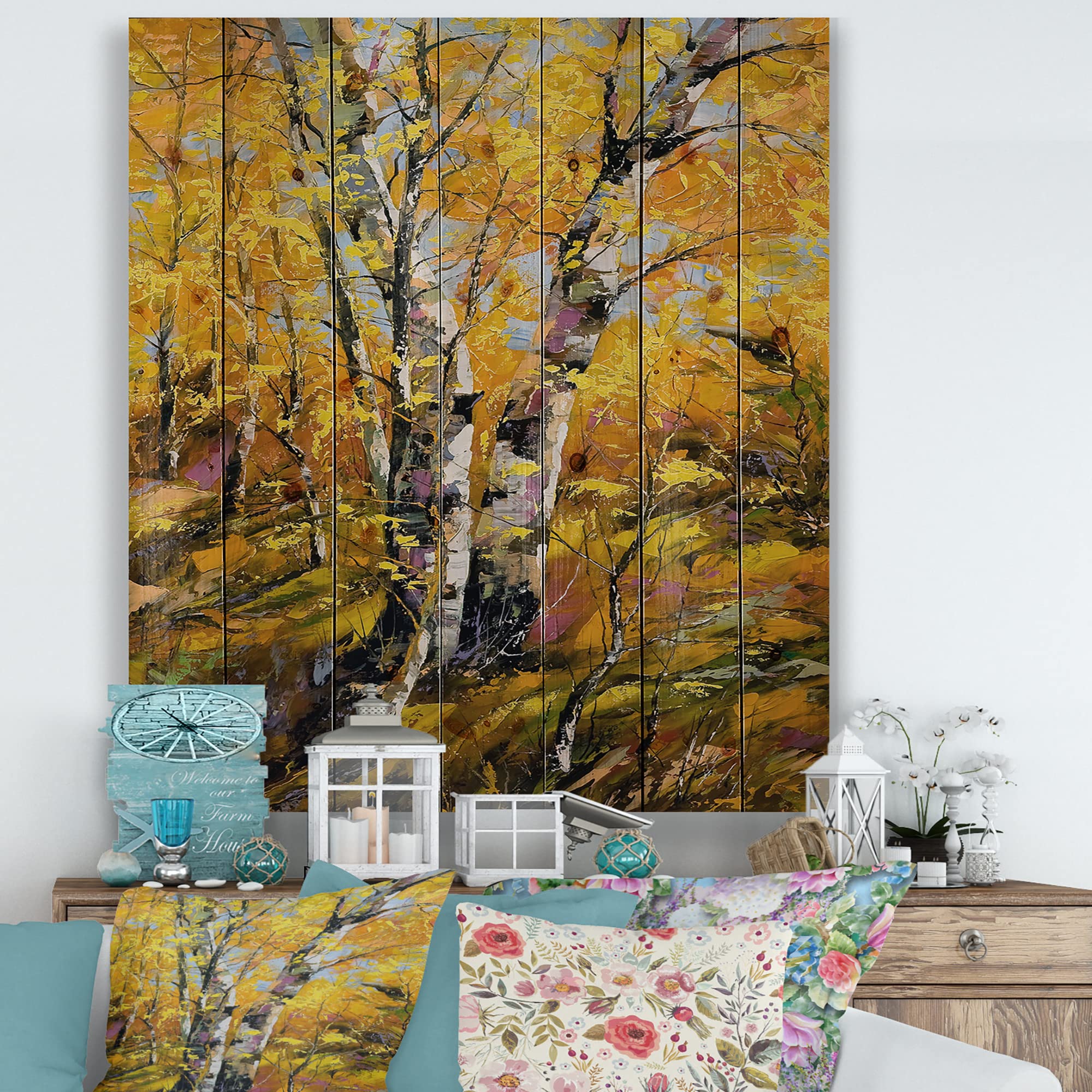 DesignQ Yellow Autumn Birch Trees Wood Wall Art - Large Country Landscape Panel Decor Printed on Natural Pine Wood - Perfect for Living Room, Bedroom, or Cabin Decor