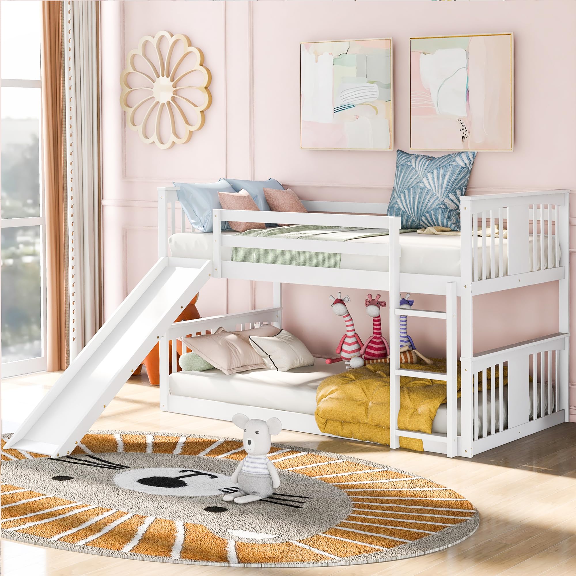 Montessori Twin Over Twin Bunk Bed with Slide & Ladder - Low Profile Kids Bunk Bed with Safety Guardrail, Headboard & Footboard - White Space-Saving Bunk Bed for Boys & Girls - Perfect for Small Bedrooms, Playrooms & Shared Kids' Rooms
