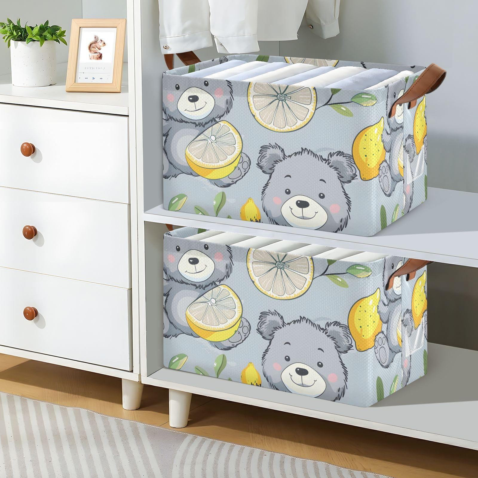 Cartoon Bear Lemon Grey Foldable Storage Baskets - 2 Pack Rectangular Fabric Storage Bins with Handles for Shelves, Closet & Home Organization | Perfect for Kids Room, Nursery & Living Room Decor