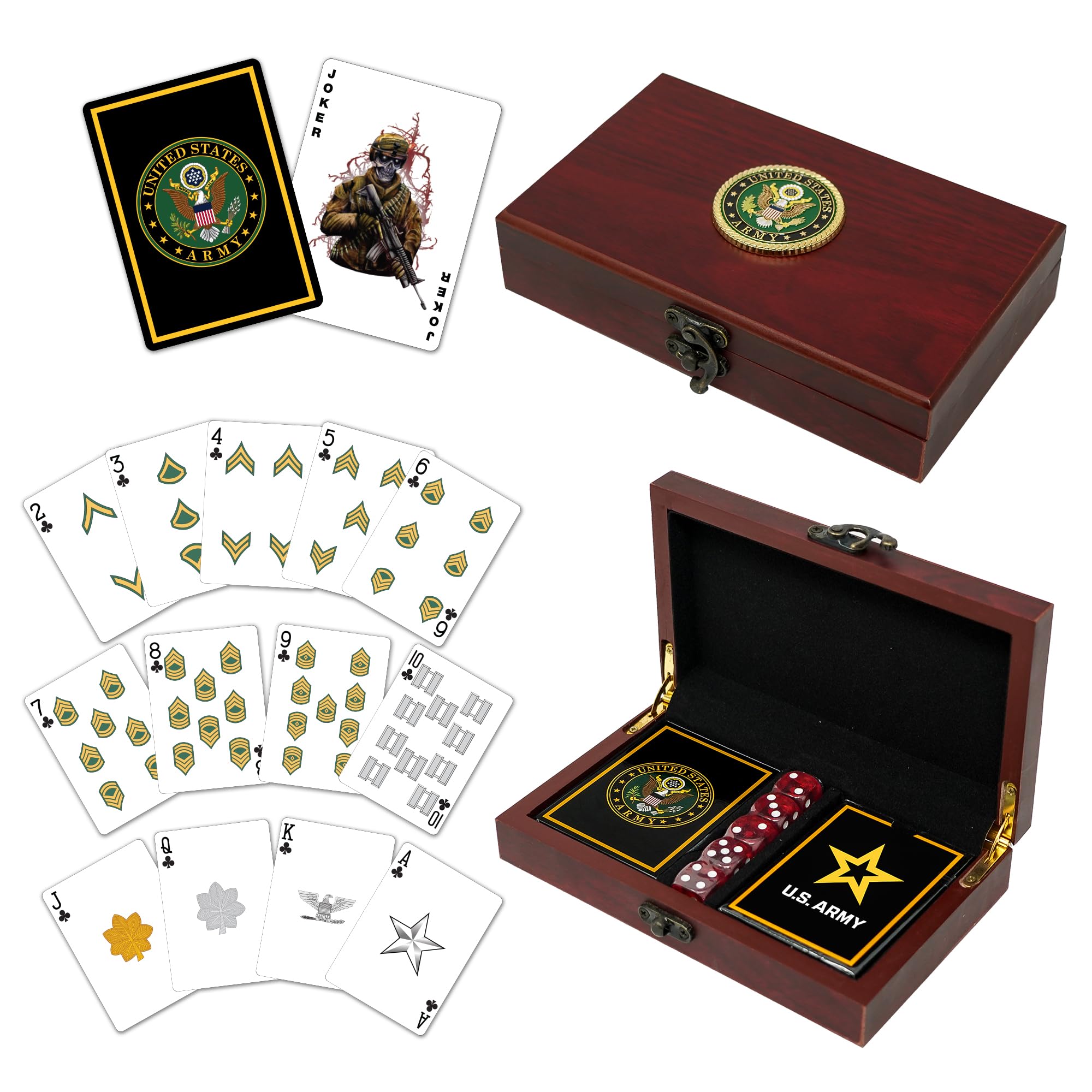 US Army Gift Set - Playing Cards & Dice with Rank Insignia | Premium Military Collectible & Game Night Accessories | Perfect for Veterans, Army Enthusiasts & Patriotic Game Nights | Disabled Veteran Owned Business
