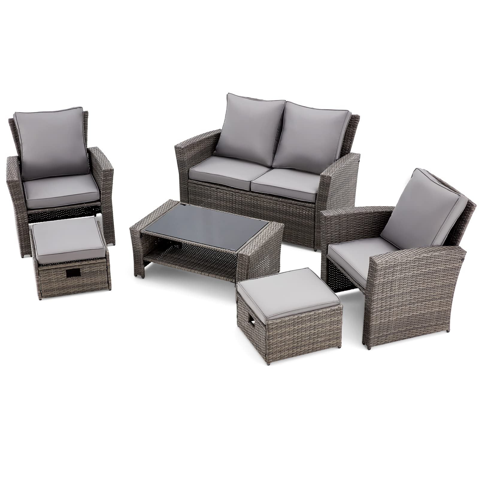 GYUTEI 6-Piece Outdoor Patio Furniture Set - Dark Gray Rattan Sectional Sofa with Ottoman & Storage Table - Weather-Resistant Garden, Porch, Backyard Conversation Set for Relaxing & Entertaining