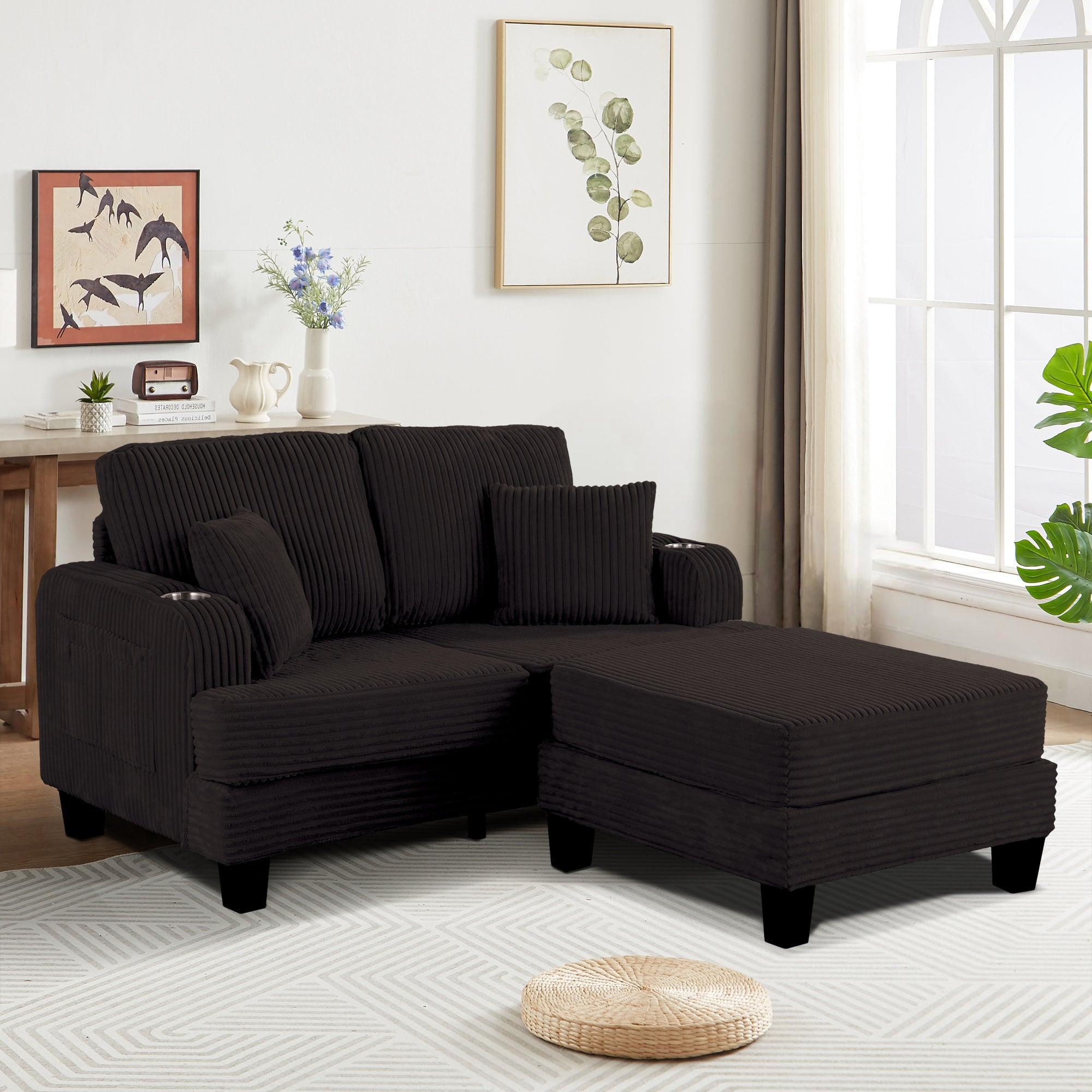 3-Piece Black Sofa Set with Storage Ottoman - Comfy 3-Seater Couch & Loveseat for Living Room | Includes USB Ports, Side Pockets & Throw Pillows | Perfect for Family Gatherings, Movie Nights & Small Space Living
