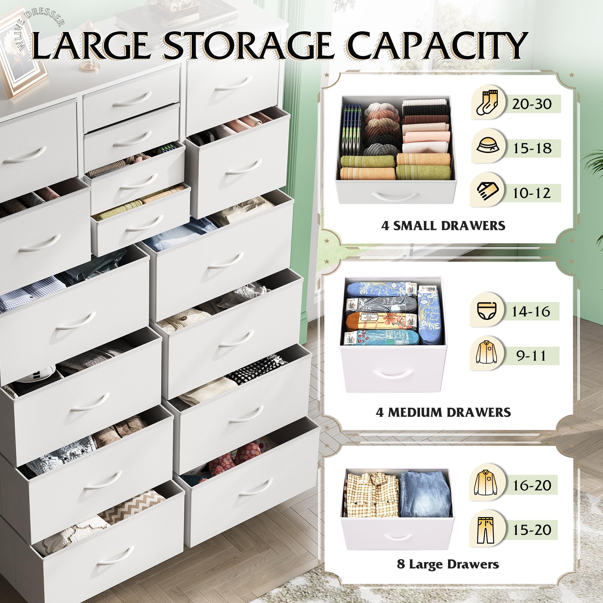 WLIVE 16-Drawer Fabric Dresser Storage Tower - Tall Chest of Drawers Organizer for Bedroom, Closet & Hallway | Sturdy Steel Frame White Storage Cabinet | Perfect for Clothes, Toys & Home Organization