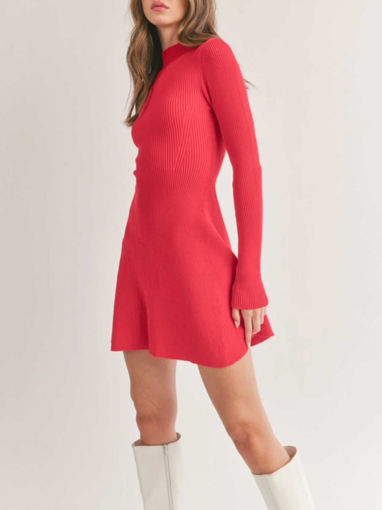 Elegant Mock Neck Long Sleeve Fit and Flare Mini Dress - Red Women's Party Cocktail Dress for Date Night & Holiday Events