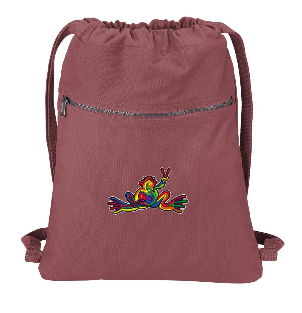 Peace Frog Canvas Drawstring Backpack - Lightweight Cinch Sack for School, Travel & Festival - Hippie Style Backpack for Men & Women