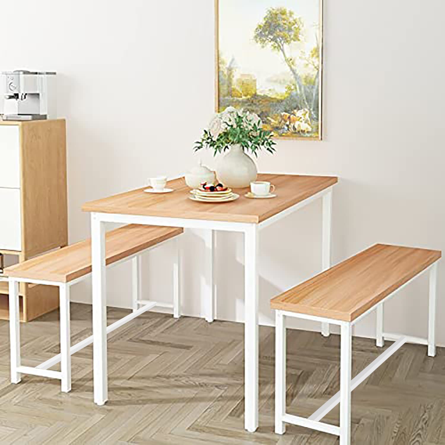 AWQM 3-Piece Dining Table Set with 2 Benches - Metal Frame & MDF Board Kitchen Table for 4 People - Perfect for Home, Breakfast Nook, Farmhouse, or Small Space Dining | Compact Dining Solution for Apartments, Kitchens & Cozy Cafes