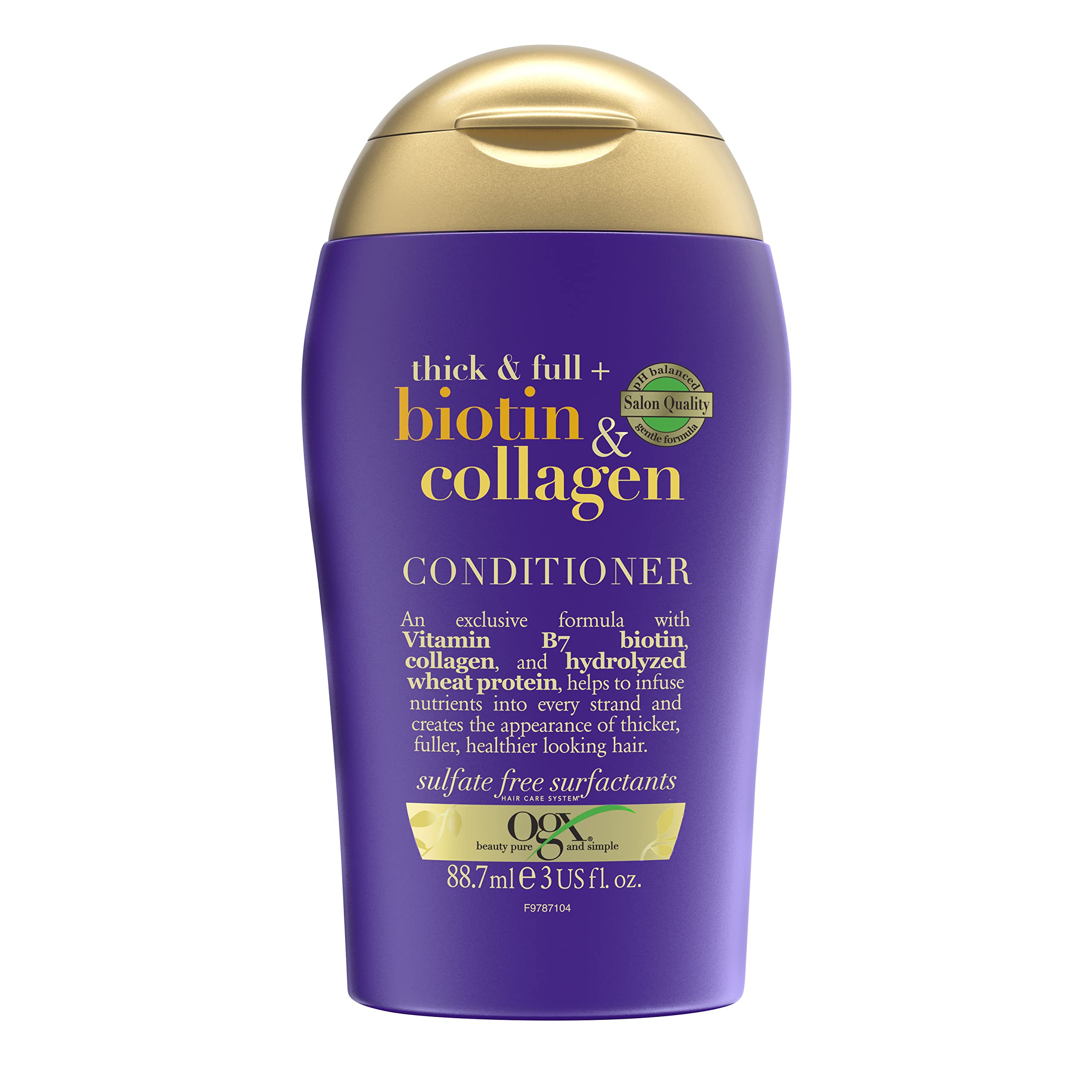 OGX Thick & Full + Biotin & Collagen Volumizing Conditioner for Thin Hair - Vitamin B7 & Hydrolyzed Wheat Protein Formula - Paraben & Sulfate Free - 3.13 oz (88.7g) - Perfect for Daily Hair Care & Volume Boost