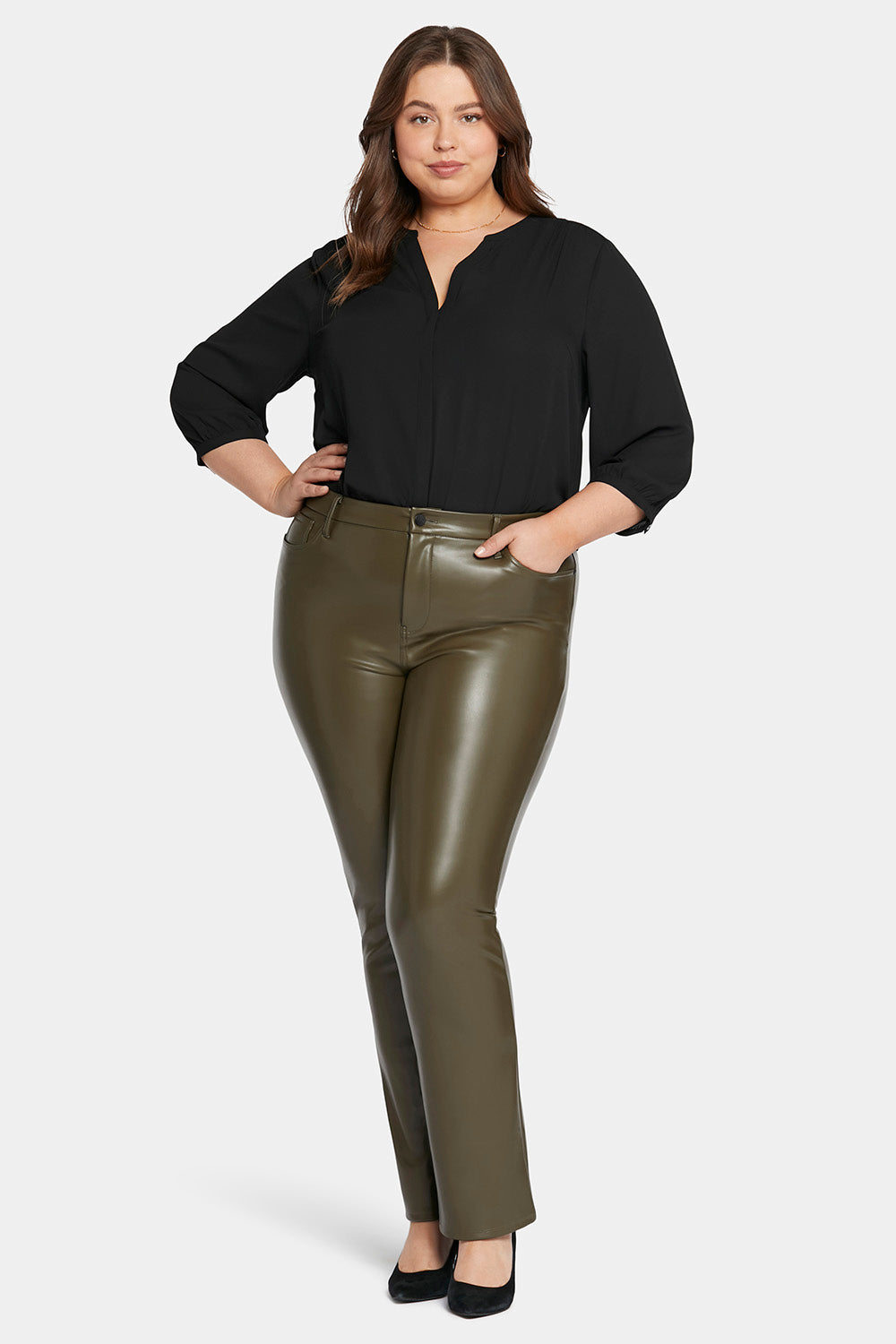 Stylish Plus Size Faux Leather Marilyn Straight Pants in Ripe Olive - Perfect for Work, Night Out & Casual Wear