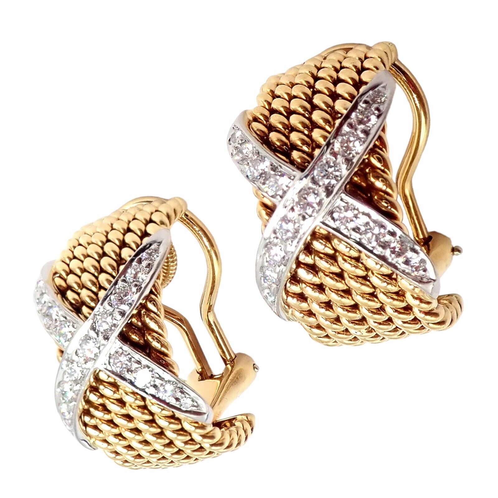 Tiffany & Co Schlumberger 18k Yellow Gold Platinum Diamond 6 Row Rope X Earrings - Luxury Diamond Hoop Earrings for Women, Perfect for Weddings, Parties & Special Occasions