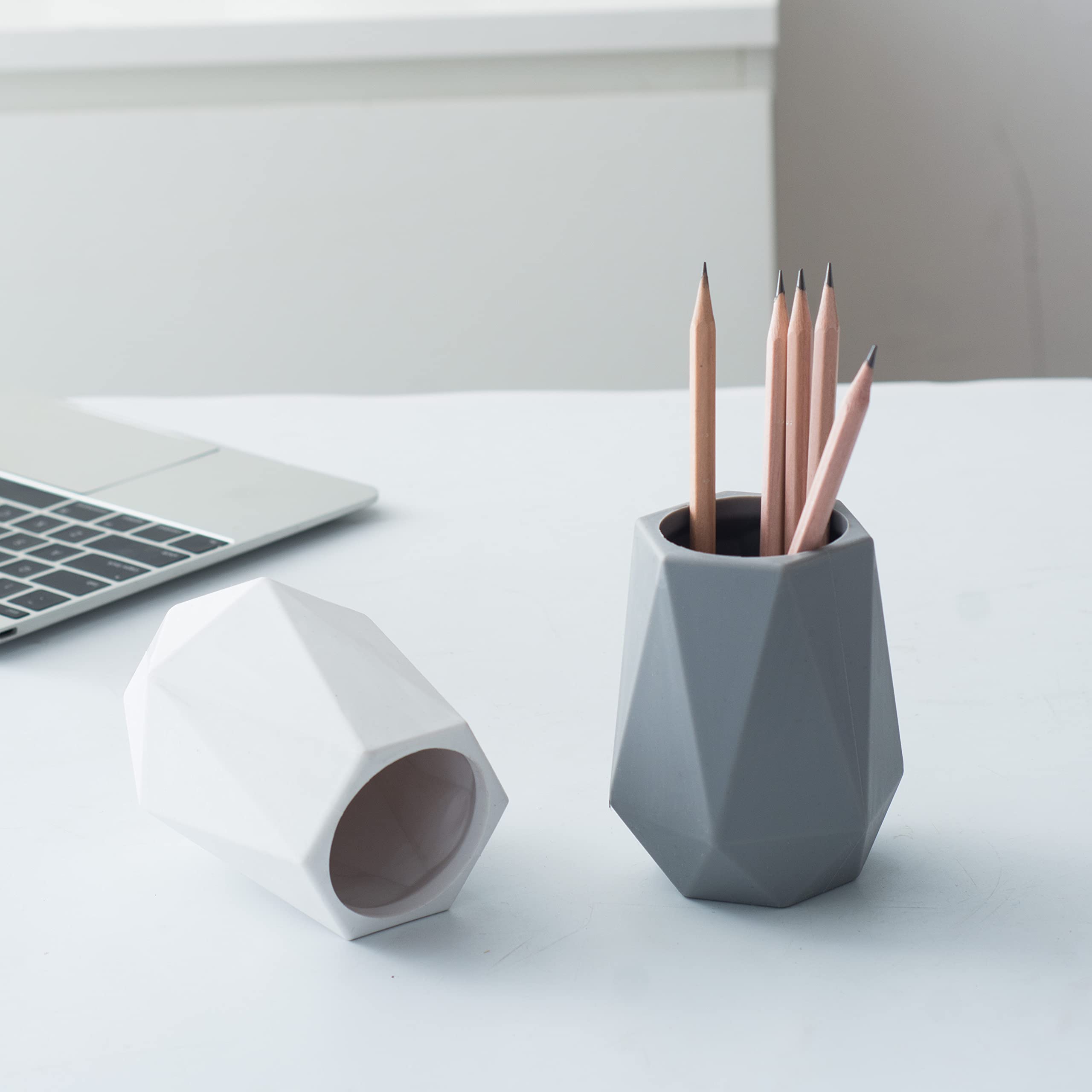 Diamond Facet Silicone Pen Holder Stand - 2 Pack White Desk Organizer for Pens, Pencils, Makeup Brushes | Perfect for Office, Home, School & Beauty Station Organization