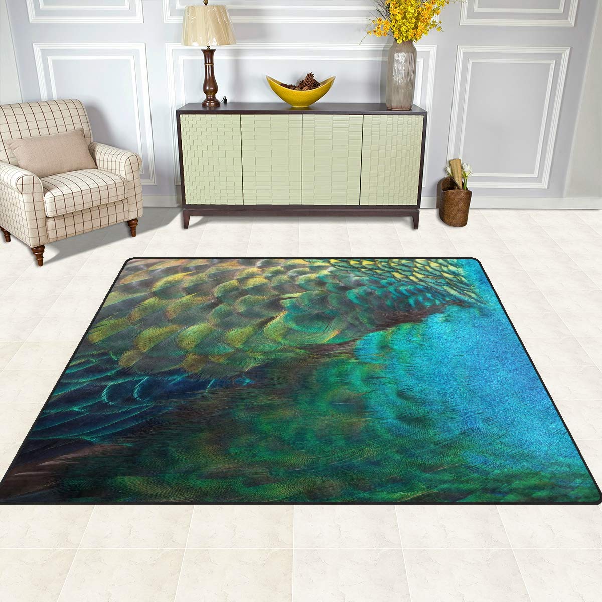 ALAZA 7' x 5' Abstract Peacock Feather Oil Painting Area Rug - Non-Slip Living Room Bedroom Rug for Home Decor, Boho Chic Style | Perfect for Bohemian Decor, Dorm Room, Office & Nursery