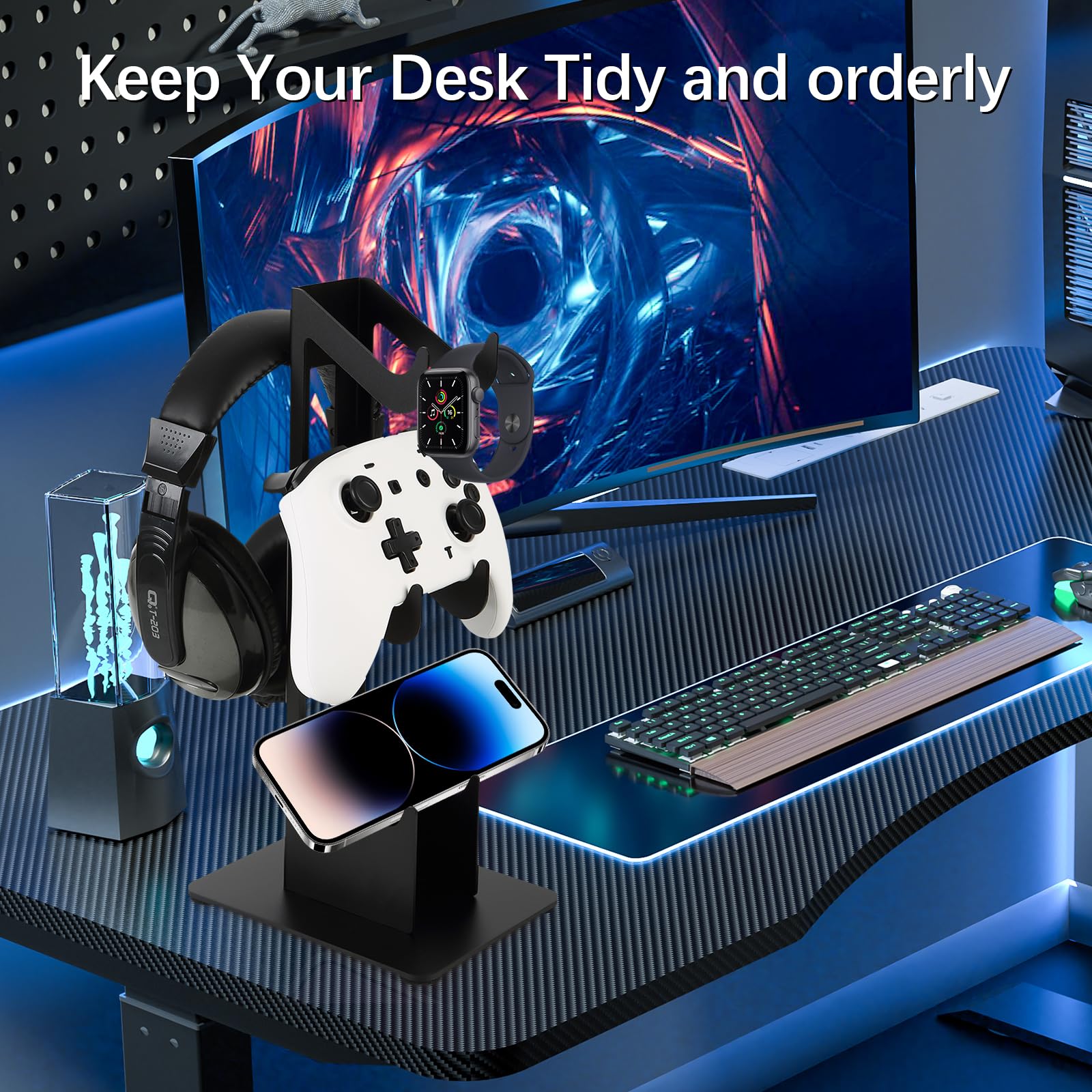 3-Tier Aluminum Controller and Headset Stand for Gaming Desk - Universal Snap-on Hanger for PS5, Xbox, PC Accessories - Perfect for Organized Gaming Setup and Streamer Battlestation