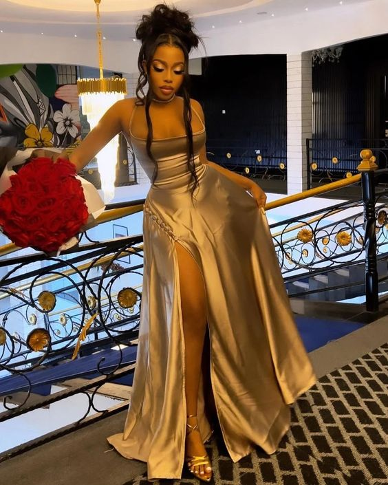Elegant Gold Sheath Long Prom Dress - Satin Black Formal Gown with High Slit for Women | Perfect for Birthday Party, Evening Gala & Special Occasions