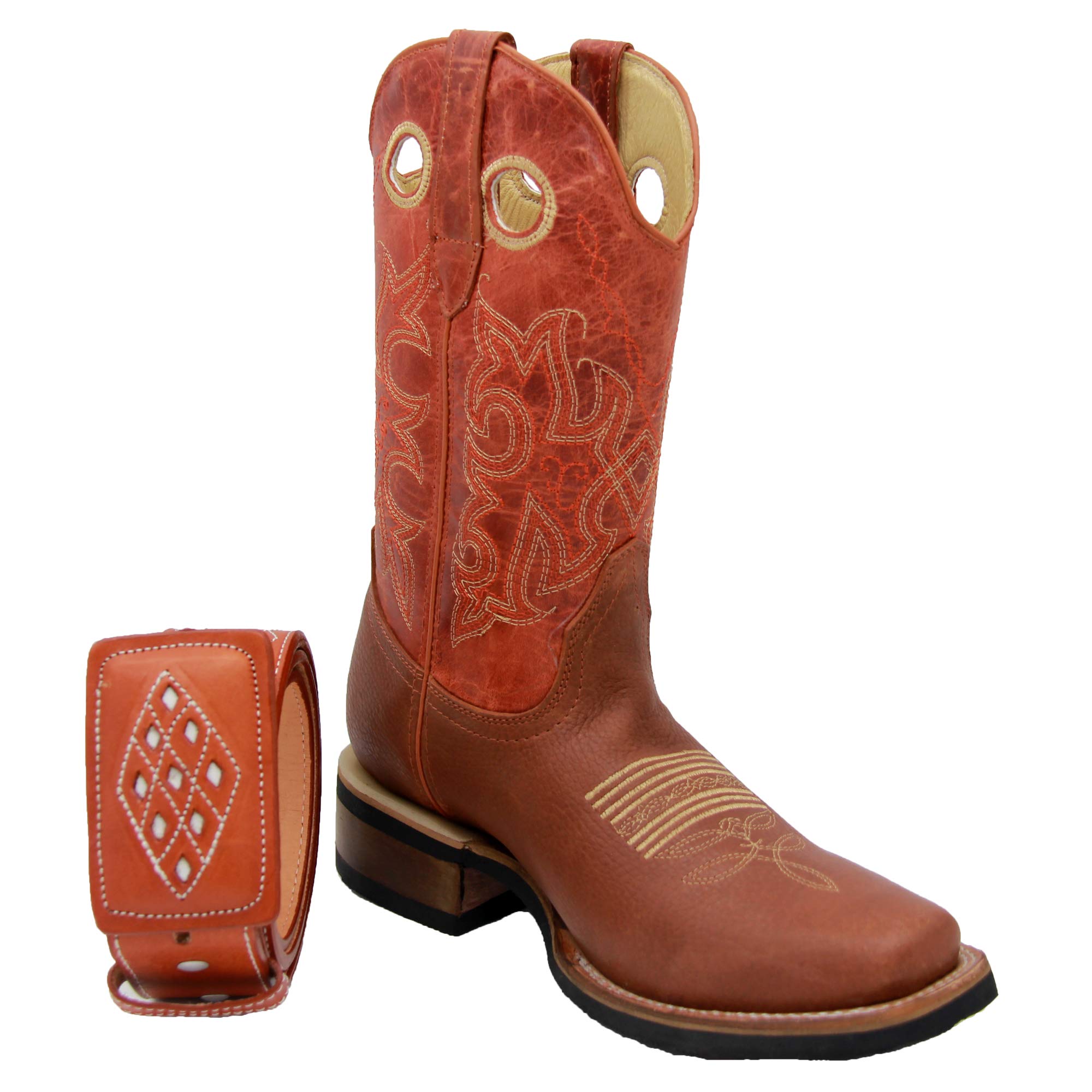 **Men's Genuine Leather Cowboy Boots Square Toe Rodeo Western Boots for Men - Free Belt Included - Perfect for Rodeo, Country Dancing & Outdoor Adventures**