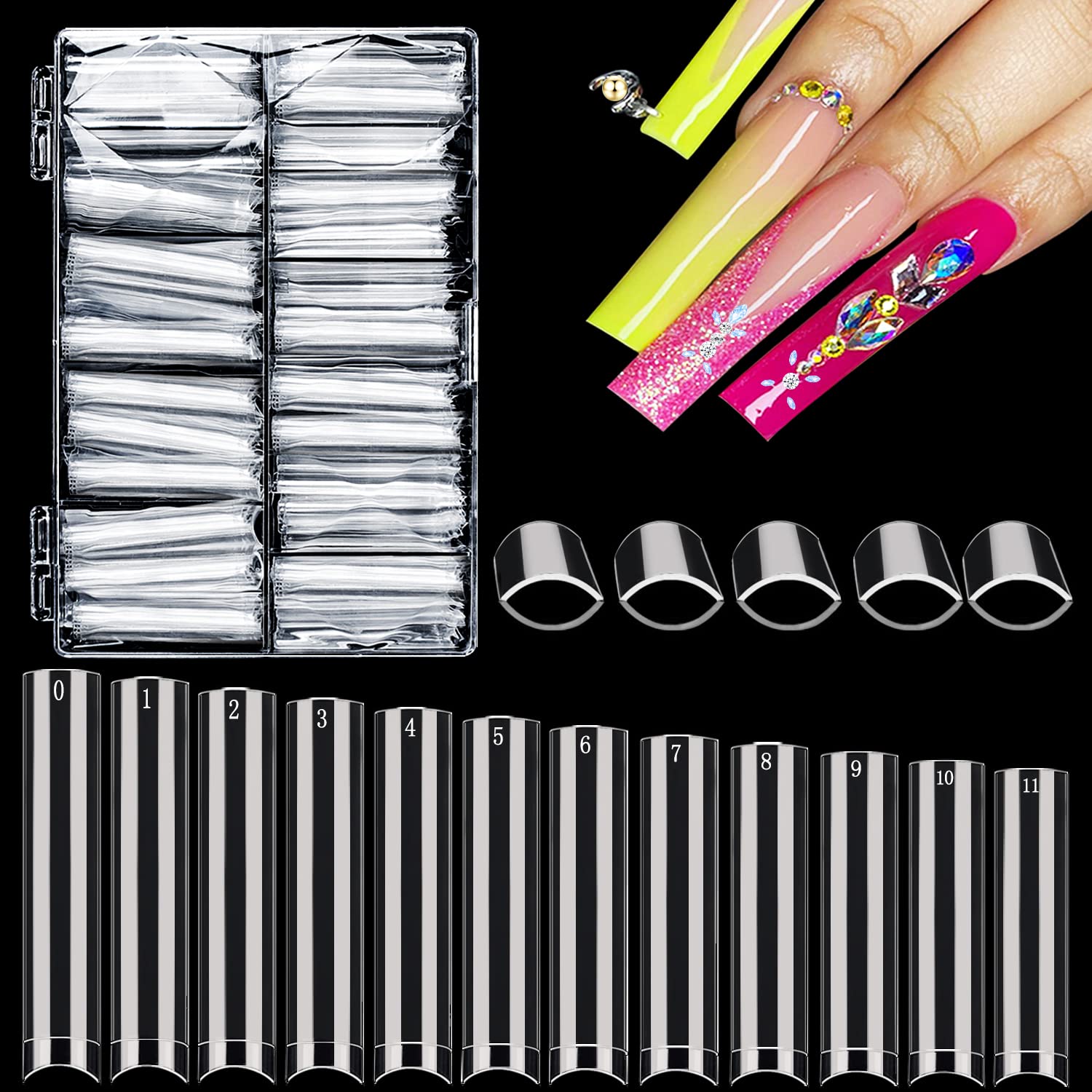 504PCS XXXL No C Curve Clear Square Nail Tips - Extra Long Flat Fake Nails for Acrylics, 12 Sizes Half Cover French Manicure with Storage Box | Professional Salon & DIY Home Nail Art Supplies