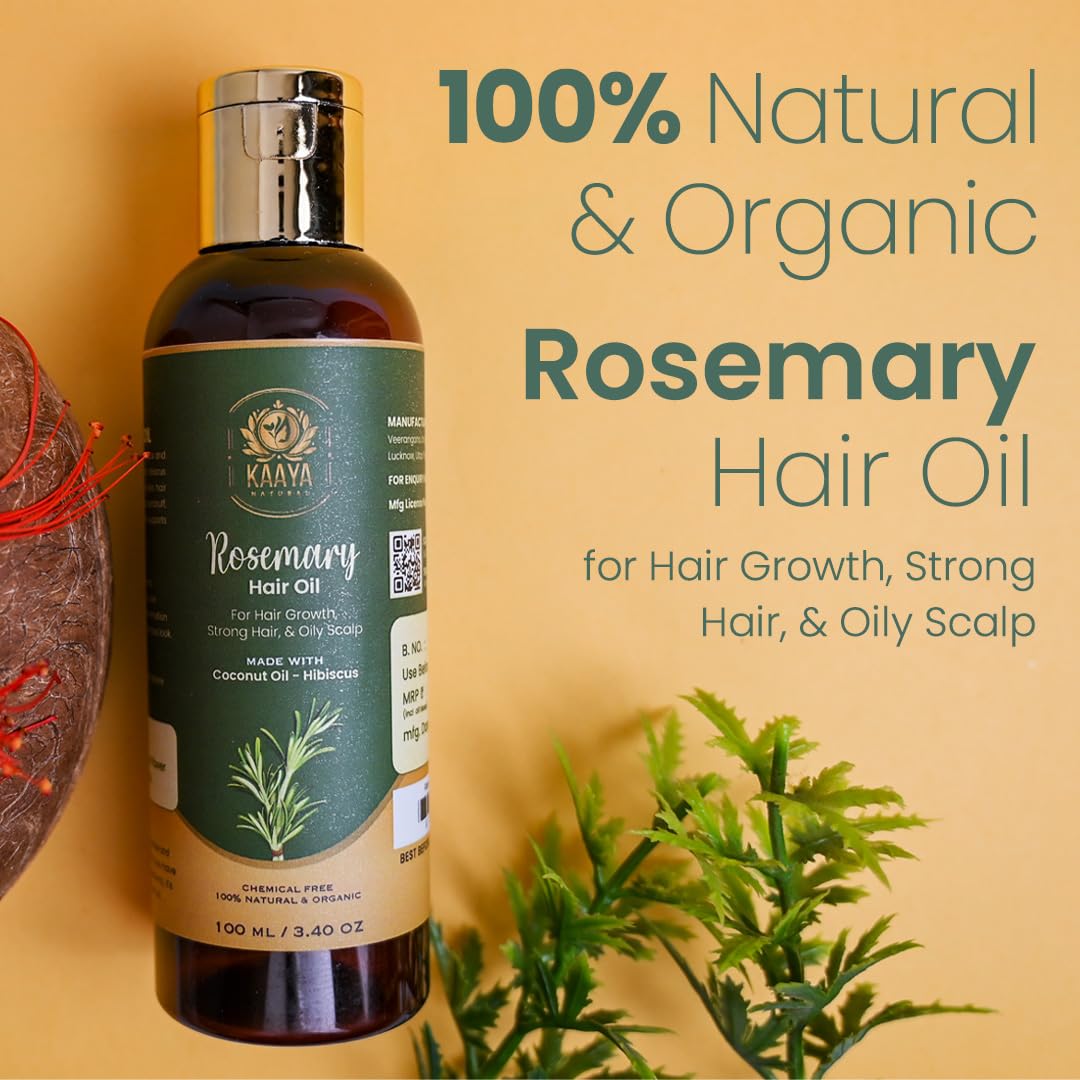 Kaaya Natural Rosemary Hair Oil for Hair Growth & Scalp Health - 100% Organic & Chemical-Free - Promotes Strong, Thick Hair & Controls Oily Scalp - Unisex Hair Treatment Oil (100ml) - Perfect for Daily Hair Care & Scalp Massage at Home