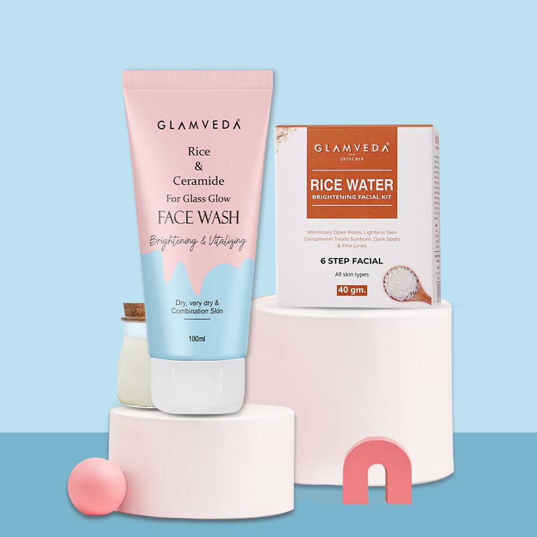 Glamveda Rice & Ceramide Face Wash & Facial Kit Set - Skin Brightening, Anti-Dullness Treatment for Radiant Complexion | Daily Skincare Routine for Glowing Skin