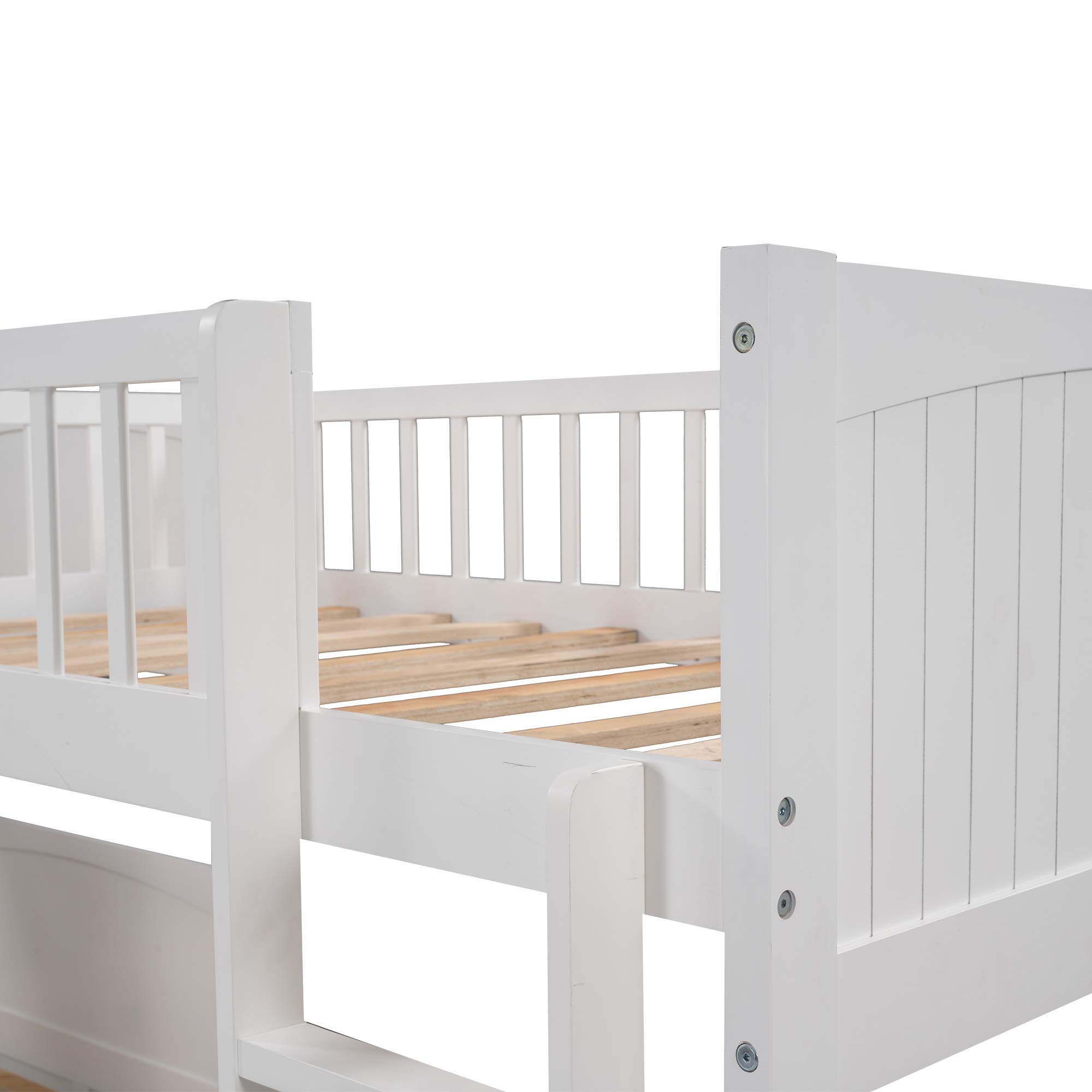 KLMM Twin Over Twin L-Shaped Corner Bunk Bed with Loft - Space-Saving 3-Person Bunk Bed Frame with 2 Storage Drawers & Dual Ladders for Kids, Teens & Adults (White) - Perfect for Small Bedrooms, Guest Rooms & Vacation Homes