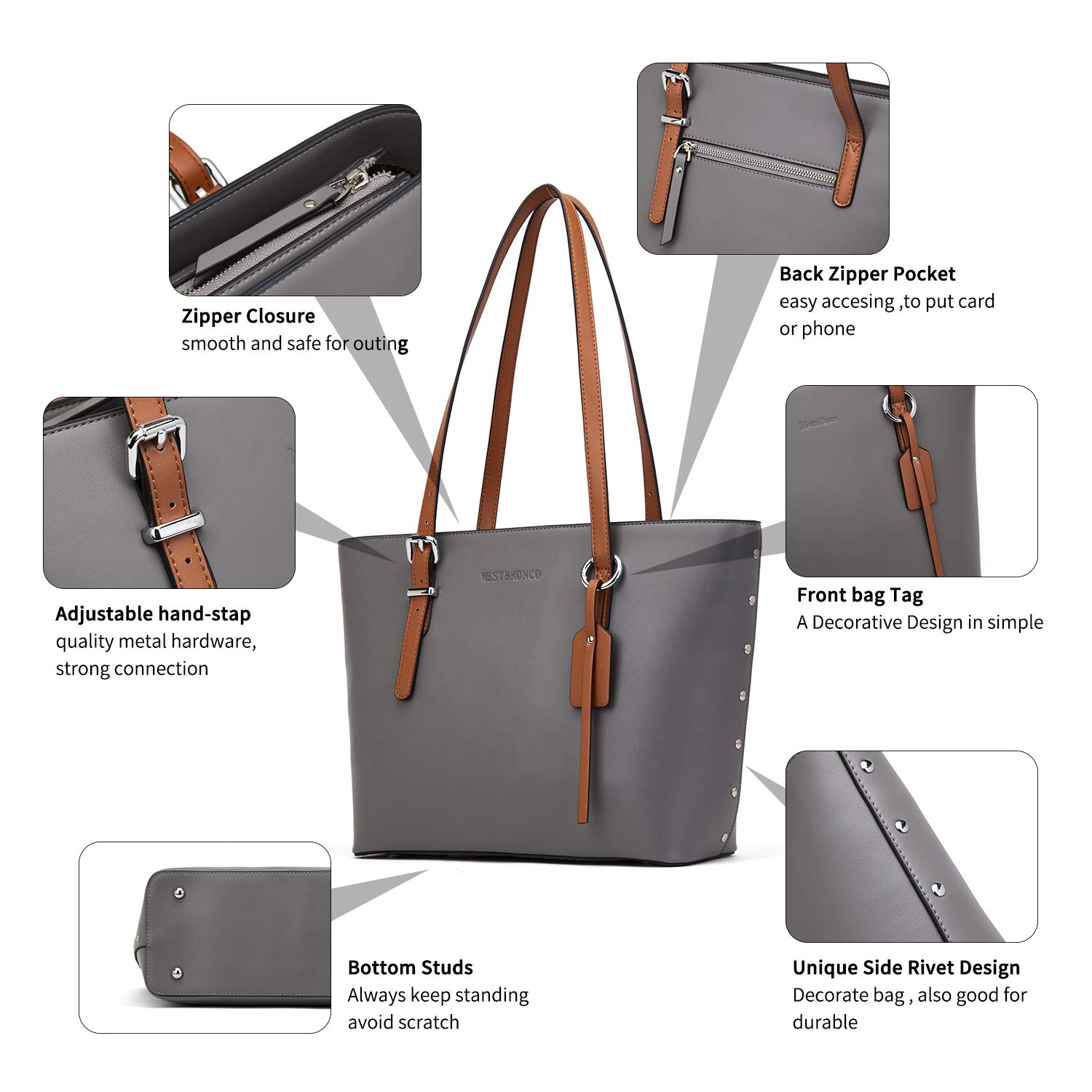 WESTBRONCO Women's Leather Handbag Set - Designer Tote & Shoulder Bag for Work, Travel & Daily Use (2-Piece Grey Collection) | Perfect for Office Commute, Business Trips & Weekend Outings