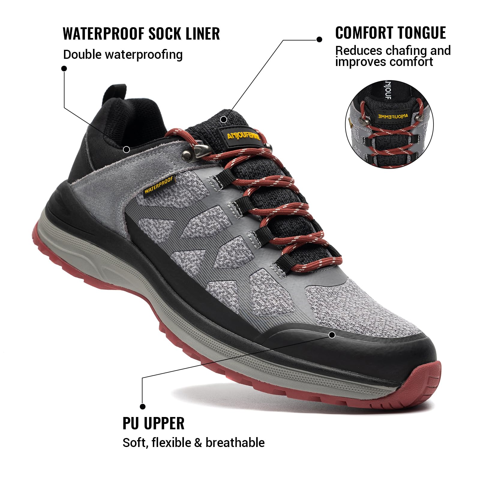 ANJOUFEMME Waterproof Hiking Shoes for Men - Lightweight Breathable Trekking & Trail Running Shoes - Outdoor Adventure, Camping & Mountain Climbing Gear