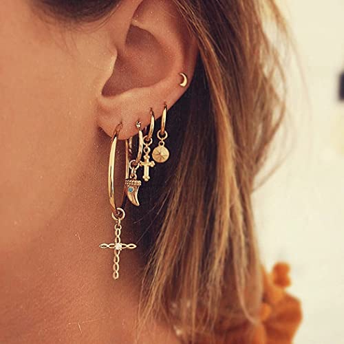 VFlowee Gold Hoop Earrings Set - Vintage Bohemian Crystal Star Moon Earrings for Women & Teens - Multiple Piercing Jewelry for Birthday Party Gifts - Perfect for Boho Style, Everyday Wear & Special Occasions