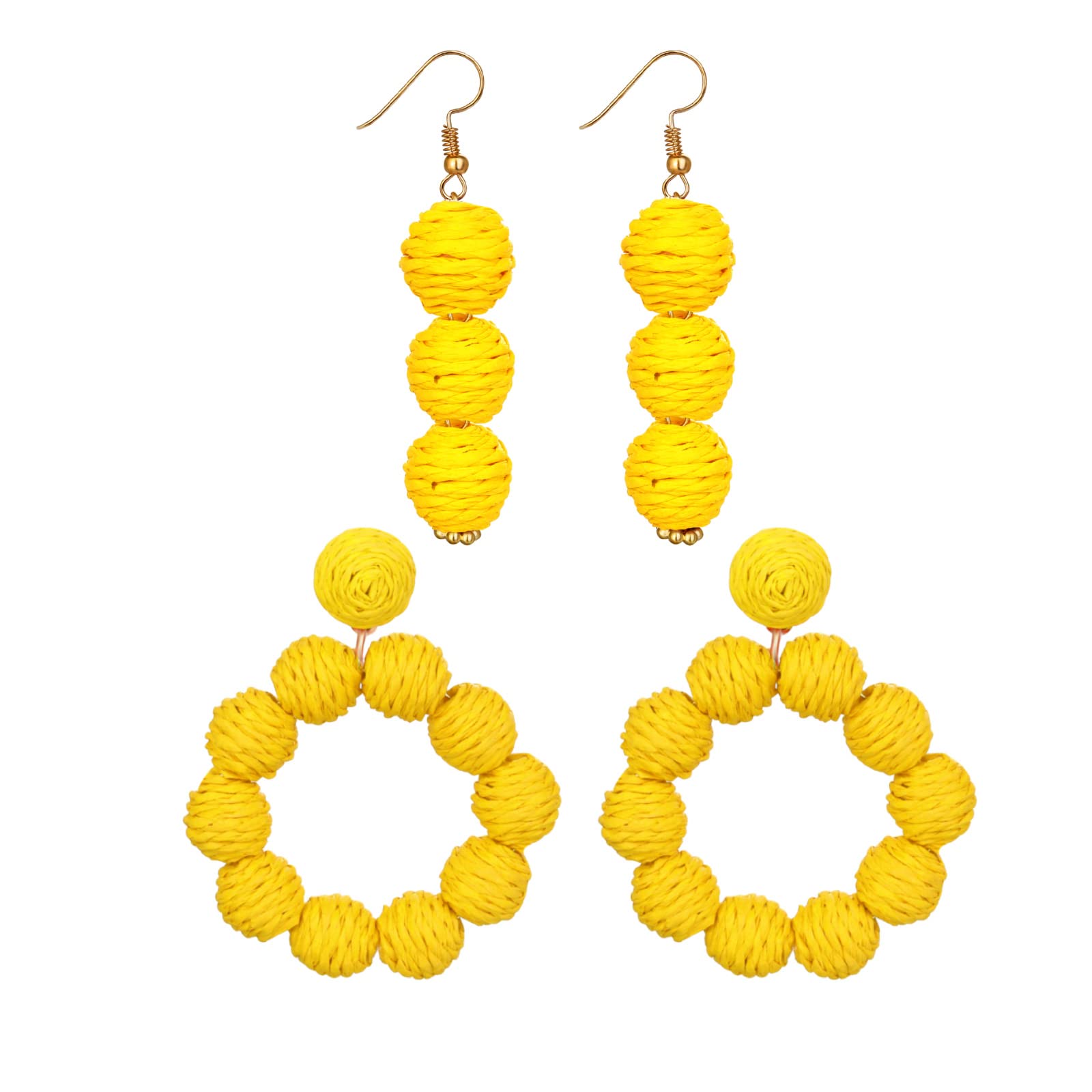 2 Pairs Handmade Boho Rattan Earrings for Women - Raffia Woven Drop Dangle Earrings, Natural Straw Wicker Braid Bohemian Jewelry - Perfect for Summer Festivals, Beach Vacations & Boho Chic Outfits