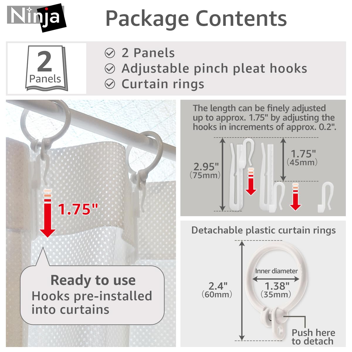 One-Way See Through Privacy Lace Curtains [Ninja Style] - 194 Size Options, Pinch Pleated 2 Panels Set with Hooks & Rings - Made in Japan - Insulating Semi-Sheer White Window Drapes (49.2