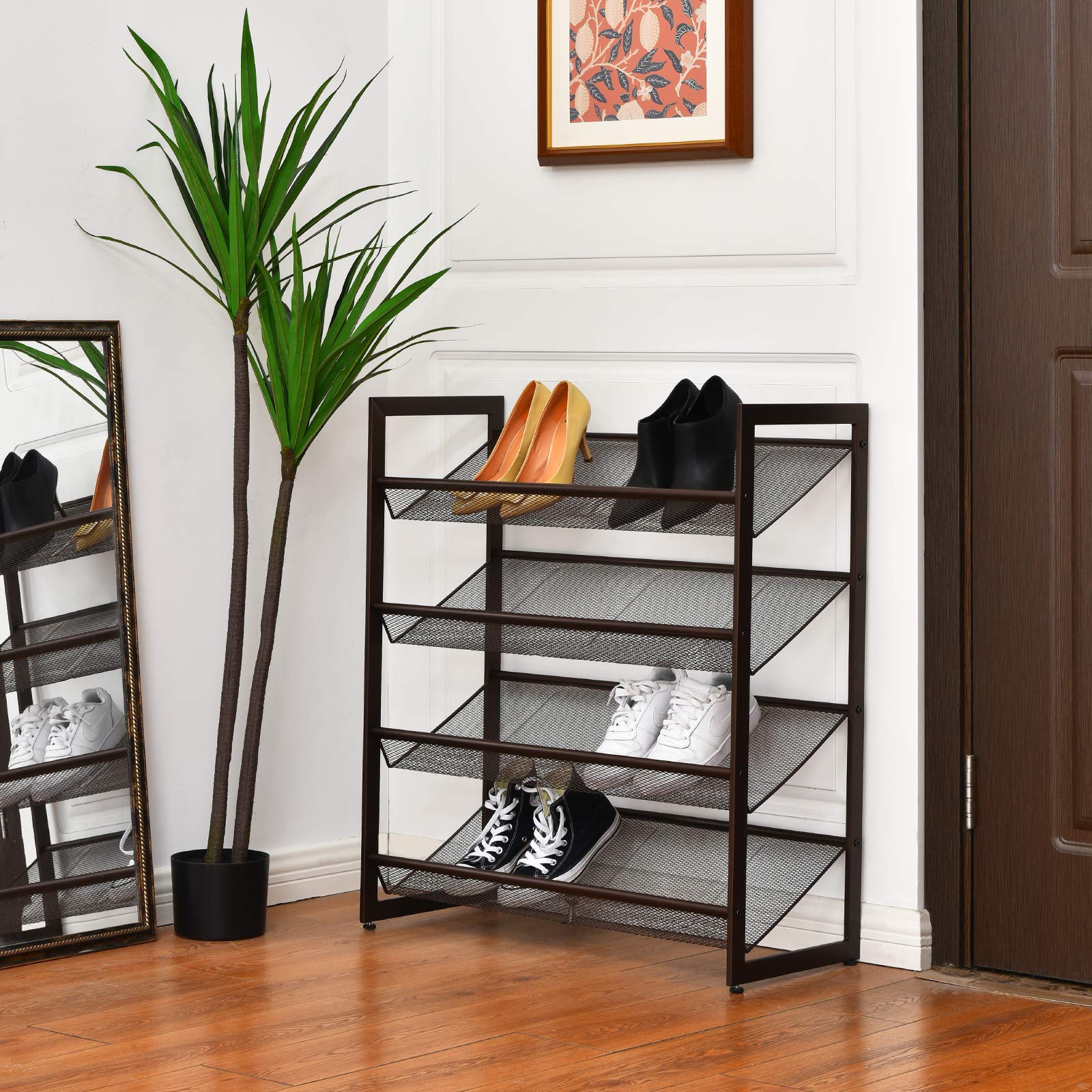 Giantex 4-Tier Metal Shoe Rack Organizer - Adjustable Angled/Flat Mesh Shelves Holds 12-16 Pairs - Sturdy Freestanding Shoe Storage for Bedroom, Entryway, Closet & Hallway - Perfect for Small Spaces & Shoe Organization