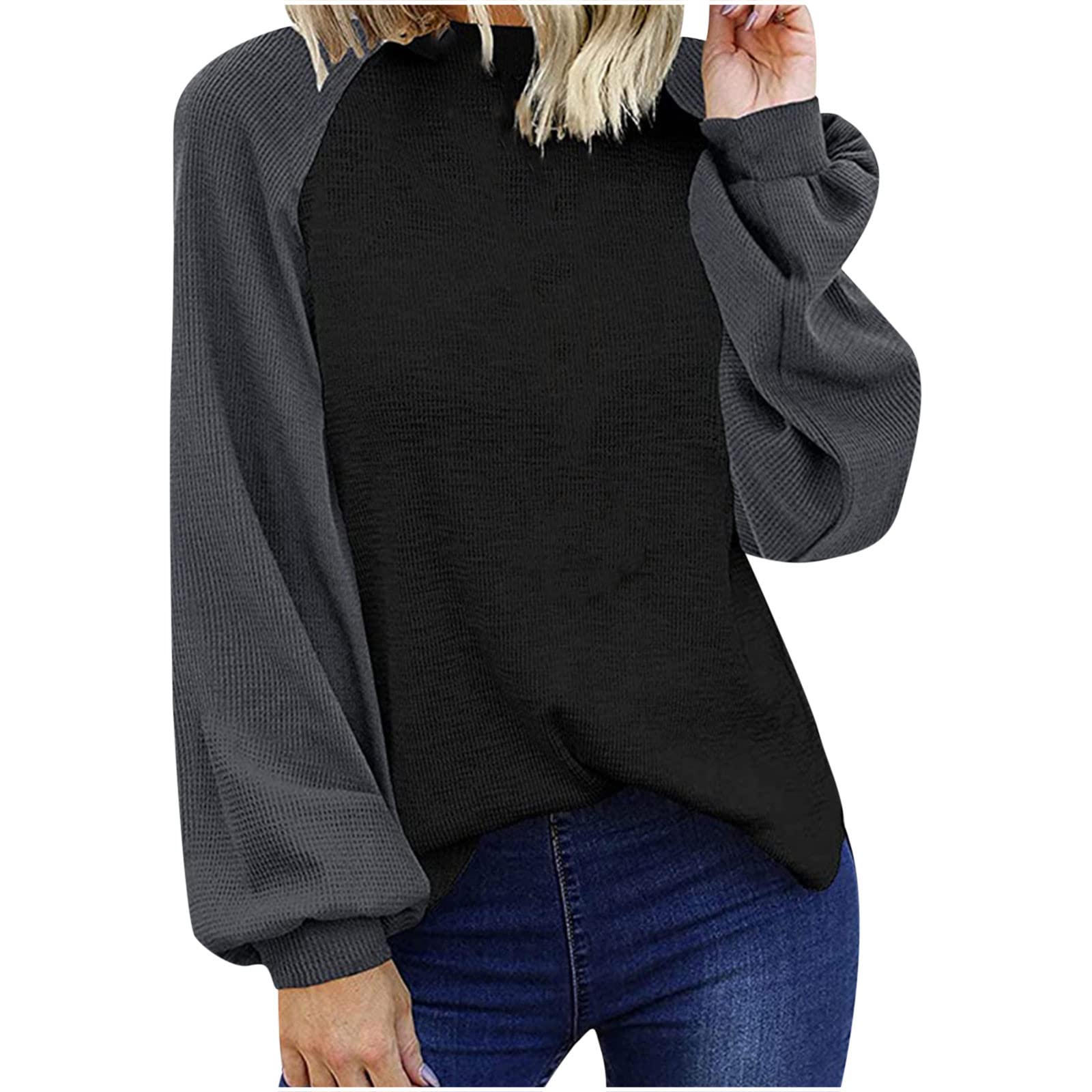 Women's Waffle Knit Long Sleeve Blouse - Fall 2021 Fashion Casual Loose Fit Color Block Tummy Control Top | Perfect for Autumn Layering, Office Wear & Weekend Outfits