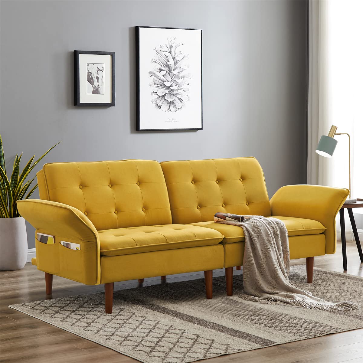 Convertible Loveseat Sleeper Sofa Bed - Adjustable Upholstered Linen Futon Couch with Rubber Wood Legs & Side Pockets - Perfect for Small Spaces, Studio Apartments, Guest Rooms & Dorm Living - Yellow Modern Sofa Bed for Living Room & Bedroom