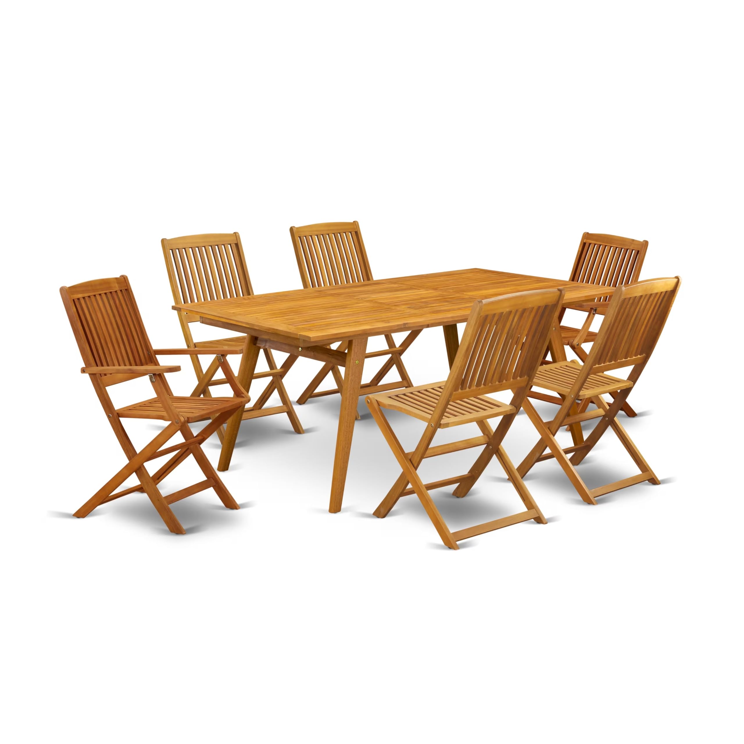 East West Furniture DECM72CANA 7-Piece Outdoor Dining Set - Acacia Wood Patio Table with 6 Chairs (2 Folding Arm + 4 Side), 40x72 Inch, Natural Oil Finish - Perfect for Backyard, Garden, Poolside & Outdoor Entertaining