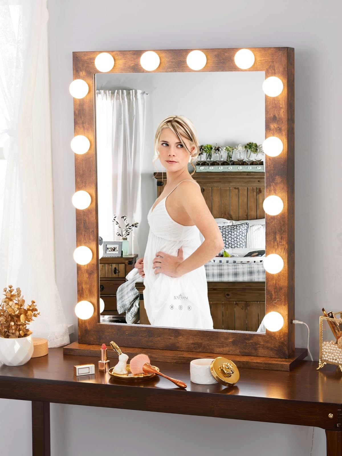 LUXFURNI 24x32 Inch Hollywood Vanity Mirror with 14 Dimmable LED Lights - Rustic Brown Makeup Mirror for Dressing Table, Wall Mount or Desktop - Perfect for Home Beauty Salon, Bridal Dressing Room & Bedroom Decor