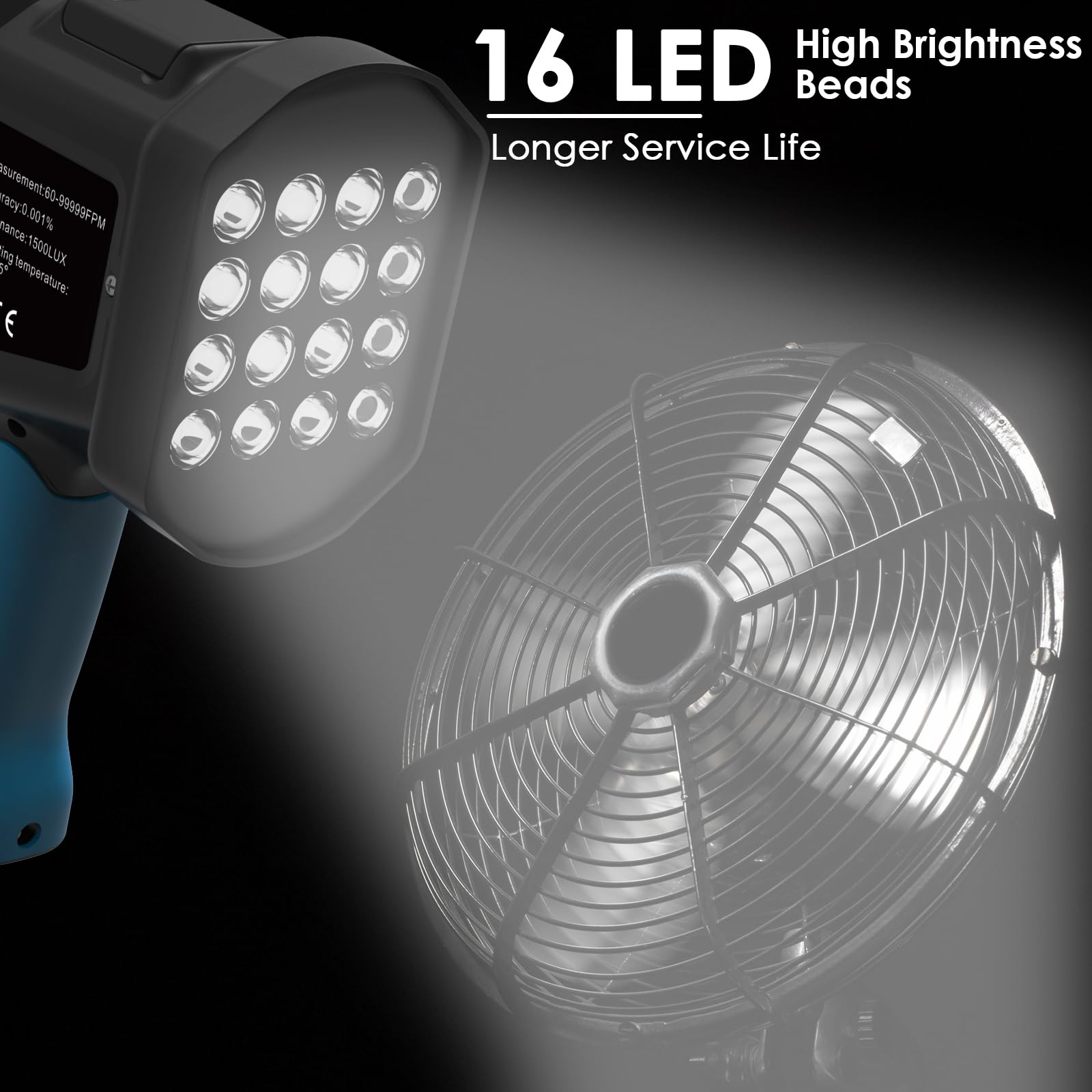 60-100000RPM Digital LED Stroboscope Tachometer - Non-Contact Handheld Strobe Light with 16 Adjustable LED Beads, LCD Display & USB Charging | Perfect for Fan Speed Testing, HVAC Motor Diagnostics, Tire Rotation Analysis & Engine RPM Measurement