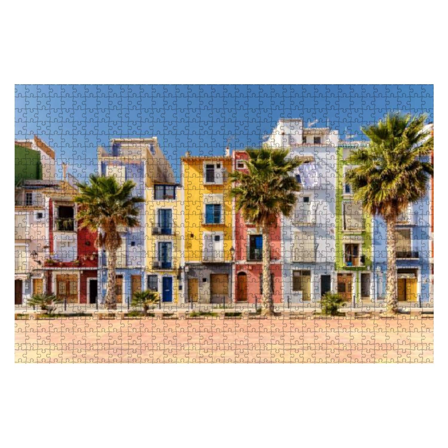 1000-Piece Wooden Jigsaw Puzzle - Colorful Mediterranean Beach Homes in Villajoyosa, Spain | Fun & Educational Puzzle for Kids & Adults | Stress Relief & Family Game Night Activity