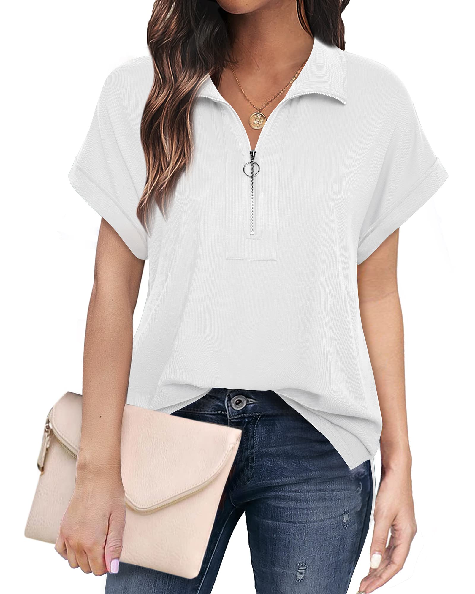 Vivilli Women's Short Sleeve Polo Shirt - Zippered Collar Business Casual Top, Loose Fit Work Shirt, White, Medium | Perfect for Office Wear, Business Meetings & Casual Outings