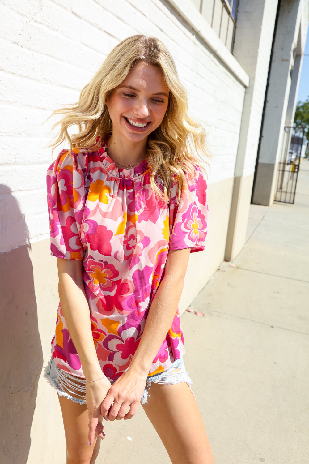 Perfectly You Fuchsia Big Floral Frill Neck Back Button Blouse - Women's Elegant Vintage Style Top for Parties, Dates & Office Wear