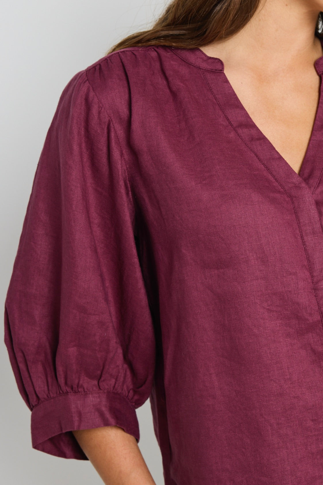 Deity Women's Burgundy Plum Linen Button-Down Blouse with Puff Sleeves - Elegant Casual Top for Office, Date Night & Summer Outfits