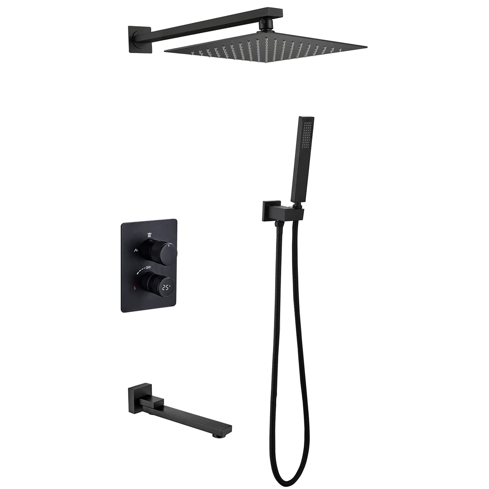 Black LED Digital Display Rain Shower System - 10 Inch Rainfall Shower Head with Handheld Shower & Rotatable Tub Spout - Wall Mount Brass Shower Faucet Set for Modern Bathroom & Spa Experience