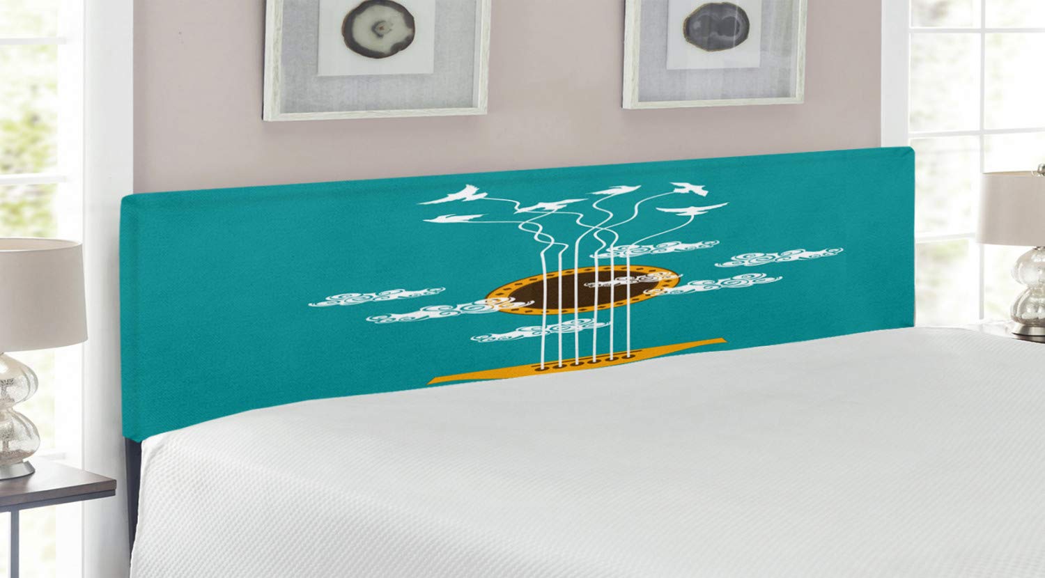 Ambesonne King Size Guitar Headboard - Abstract Music Theme with Birds on Strings & Clouds Design - Upholstered Decorative Metal Bed Frame with Memory Foam in Turquoise Marigold White | Perfect for Music Lovers' Bedroom Decor & Bohemian Style Home Interiors