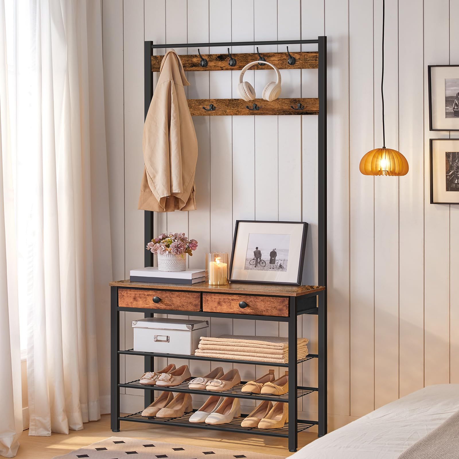 HOOBRO Hall Tree with Bench - Rustic Brown & Black Entryway Coat Rack, Shoe Storage Organizer with 4 Tiers, 9 Hooks & 2 Fabric Drawers - Perfect for Mudroom, Foyer or Small Space Organization