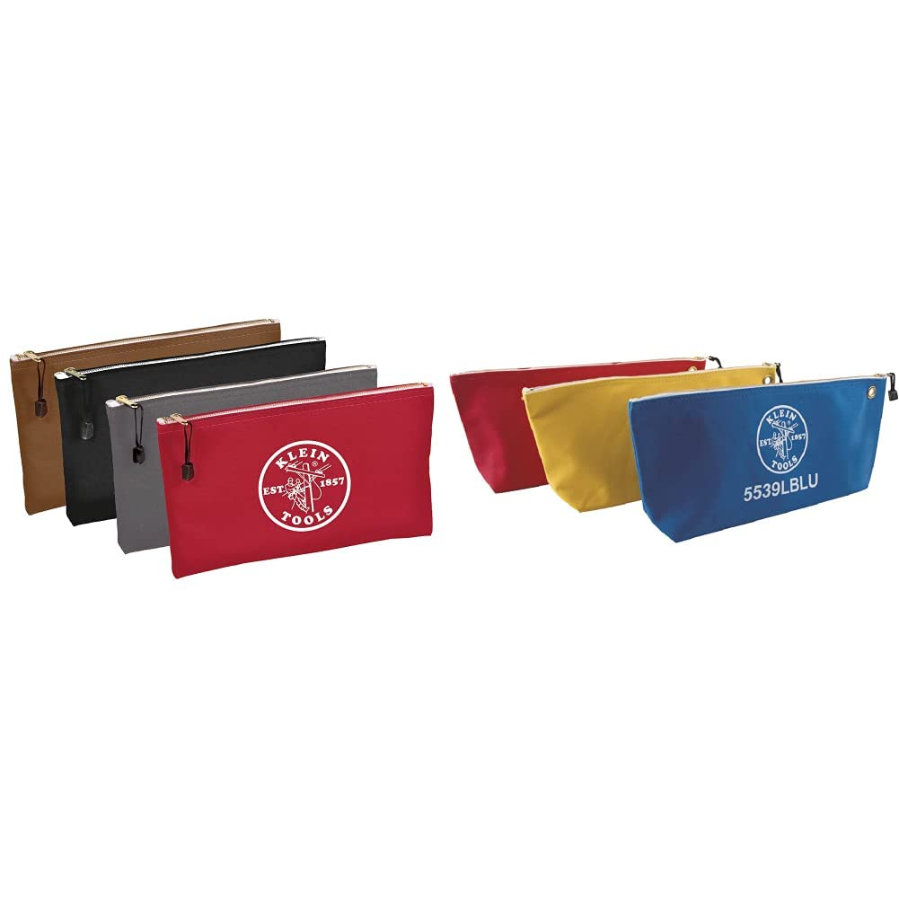Klein Tools Canvas Zipper Bags - 4-Pack Heavy Duty Utility Tool Pouches & Bank Deposit Bags for Electricians, Contractors & Cash Handling - Durable Storage for Tools, Coins & Small Items