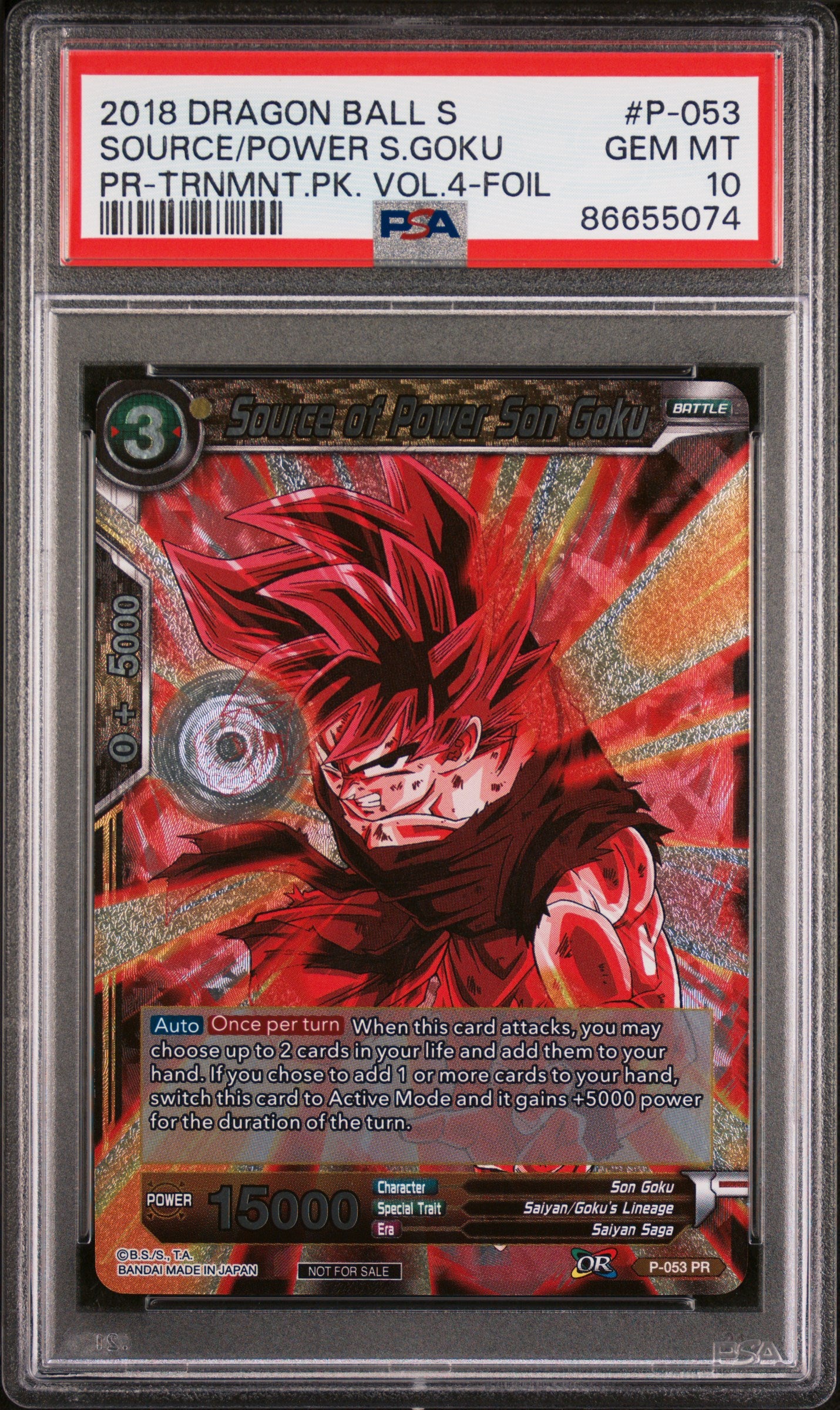 2018 Dragon Ball Super Card Source/Power S.Goku #P053 PSA 10 Graded Collectible - Perfect for Anime Fans & Trading Card Game Enthusiasts