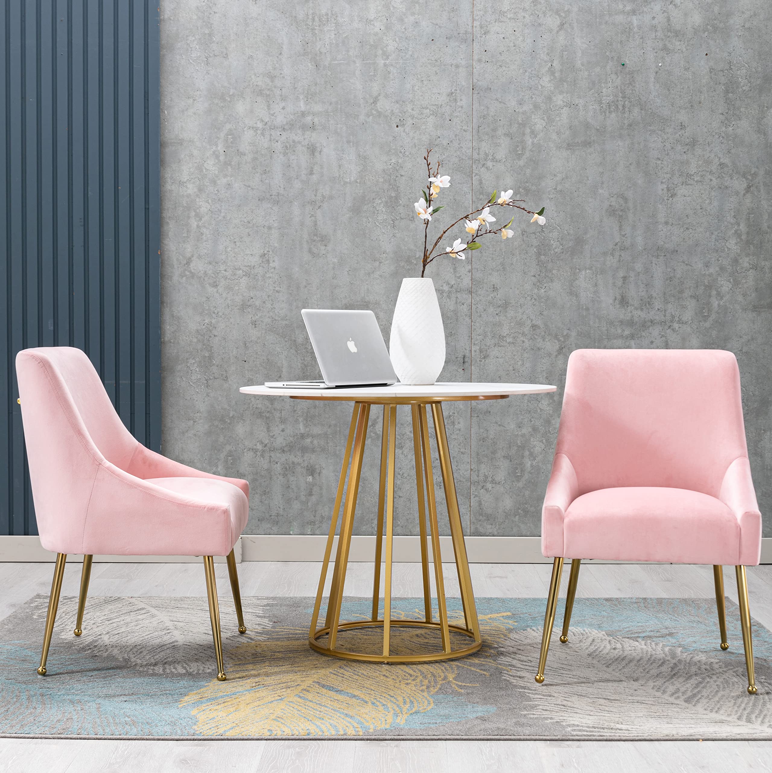 Luxury Modern Velvet Accent Chair Set of 2 - Thick Sponge Upholstered Dining Chairs with Golden Metal Legs for Dining Room, Bedroom, Living Room & Office Decor - Elegant Pink Velvet Seating for Home & Workspace