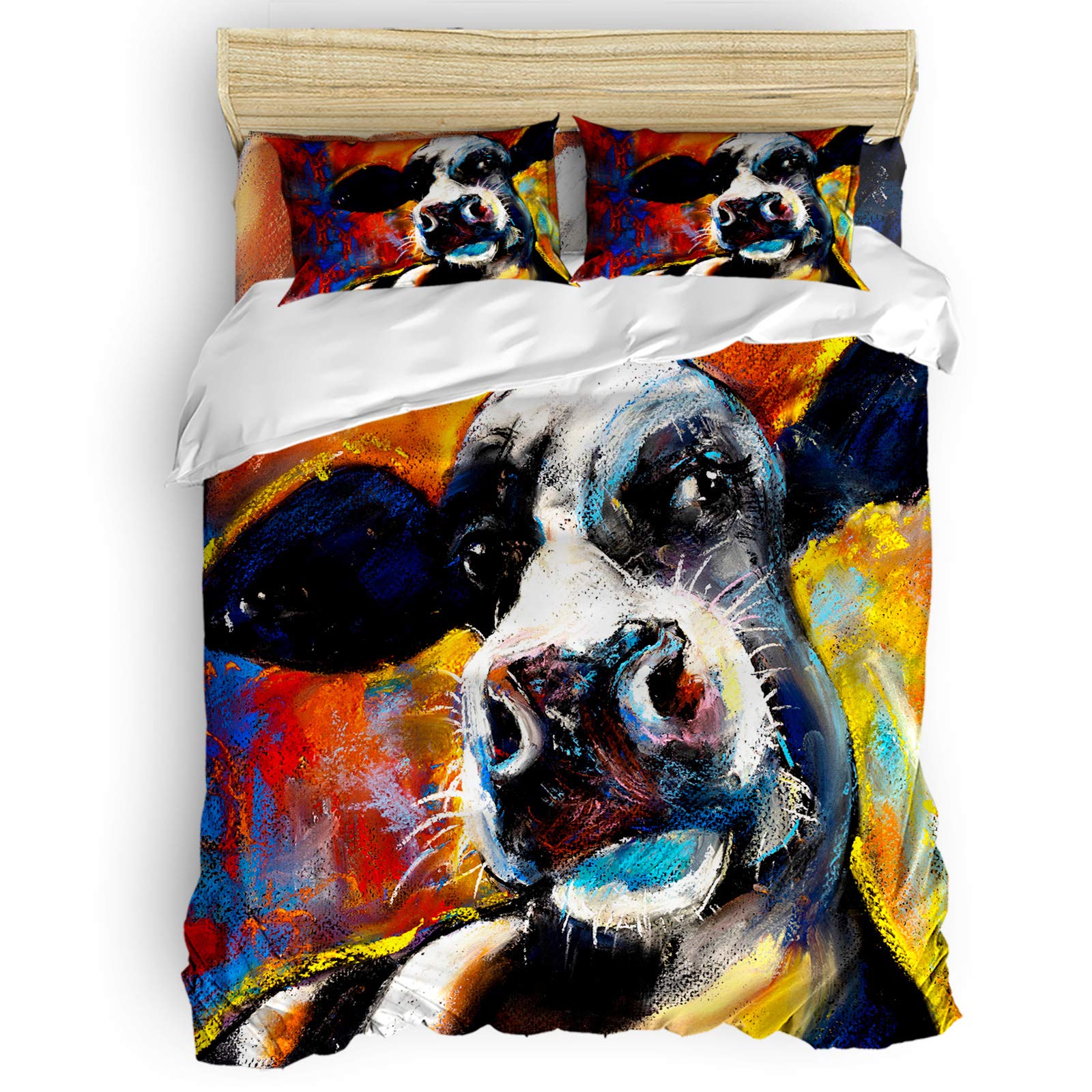 Vibrant Cow Print 4-Piece Duvet Cover Set - Colorful Animal Oil Painting Design Bedding for Kids & Adults - Twin Size Soft Quilt Cover - Perfect for Nursery, Farmhouse or Bohemian Bedroom Decor