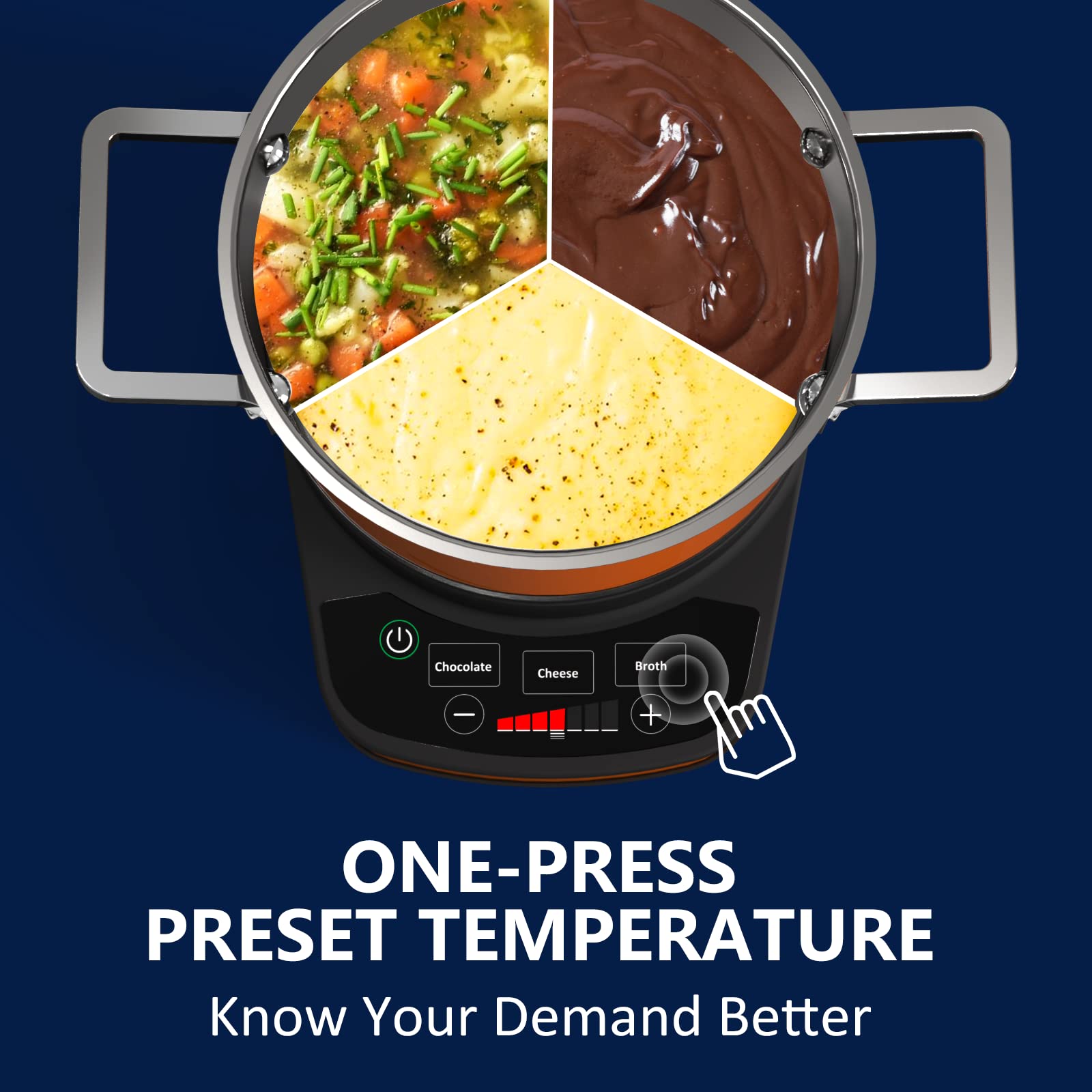 GREECHO Electric Fondue Pot Set - 2.6 Qt Stainless Steel with 3 Preset Modes (Cheese, Chocolate, Broth), 1200W, Includes Removable Pot & 6 Color-Coded Forks in Orange - Perfect for Parties, Family Gatherings & Romantic Dinners